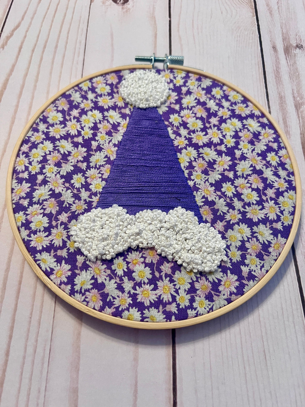 Santa Hat Finished Embroidery Hoop on Purple Floral Fabric