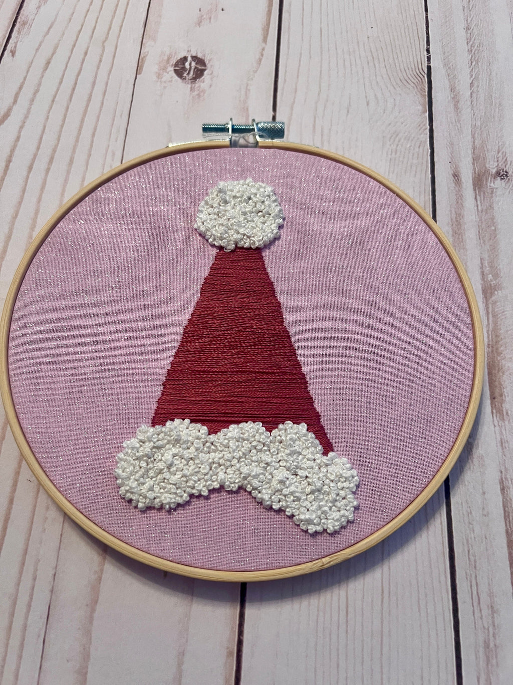 Santa Hat Finished Embroidery Hoop on Pink Fabric