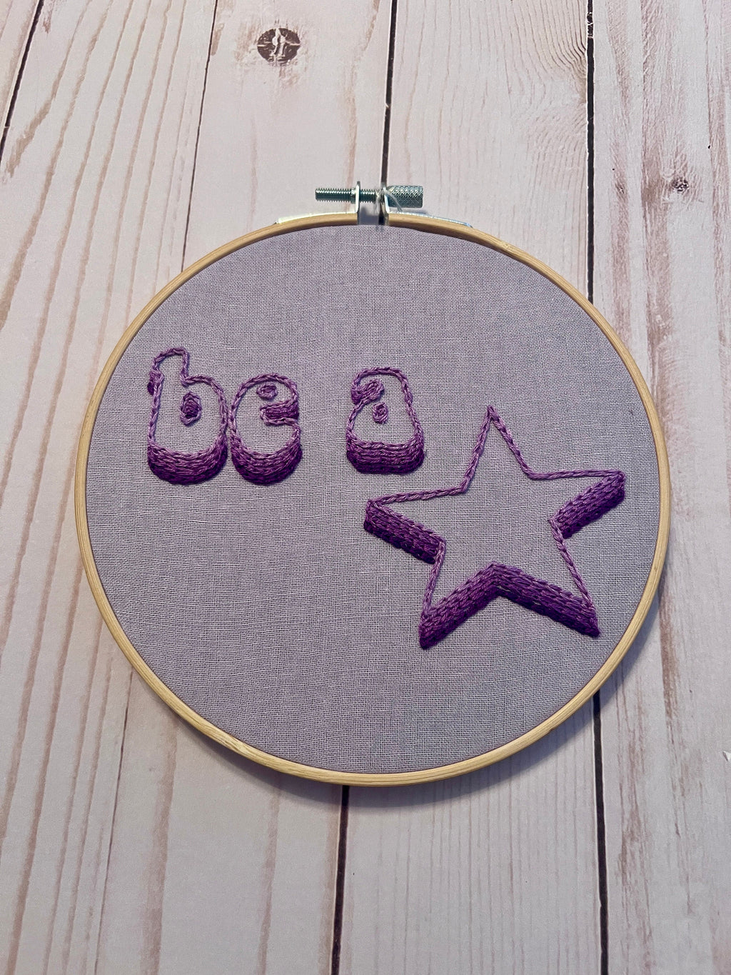 Be a Star Finished Embroidery Hoop on Purple Fabric