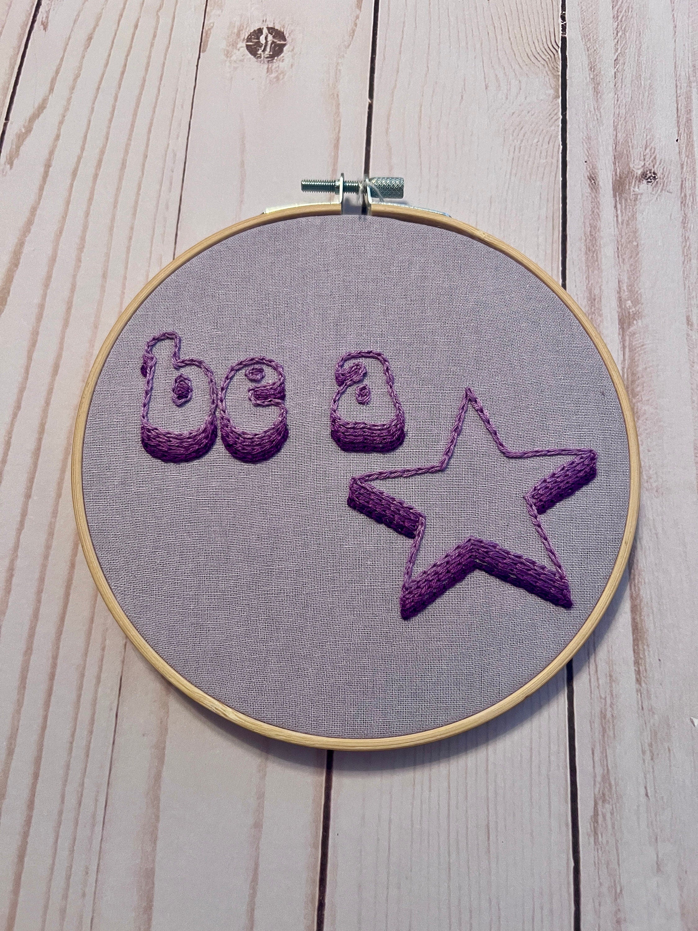Be a Star Finished Embroidery Hoop on Purple Fabric