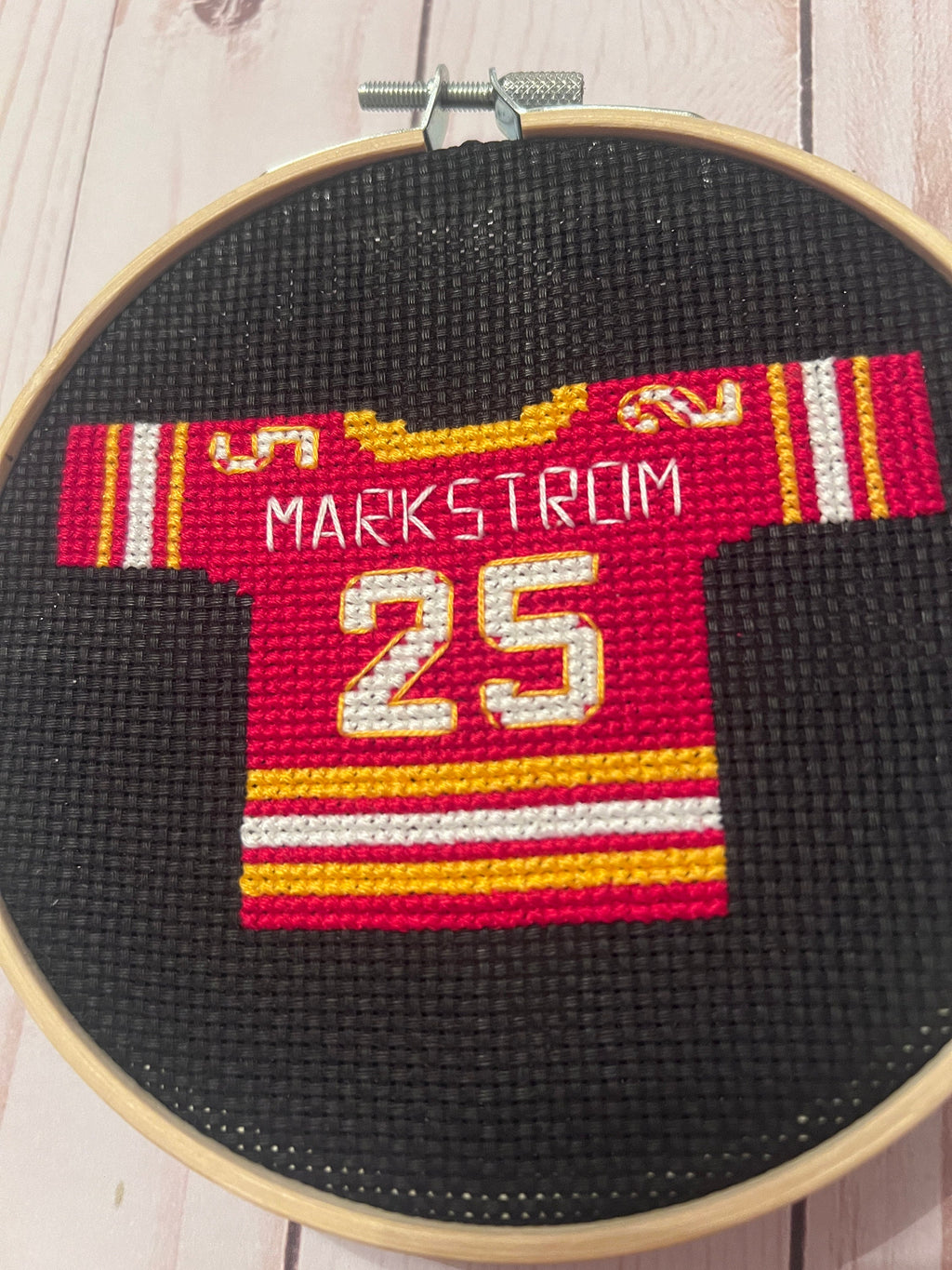 Calgary Flames Inspired Hockey Jersey Finished Cross Stitch