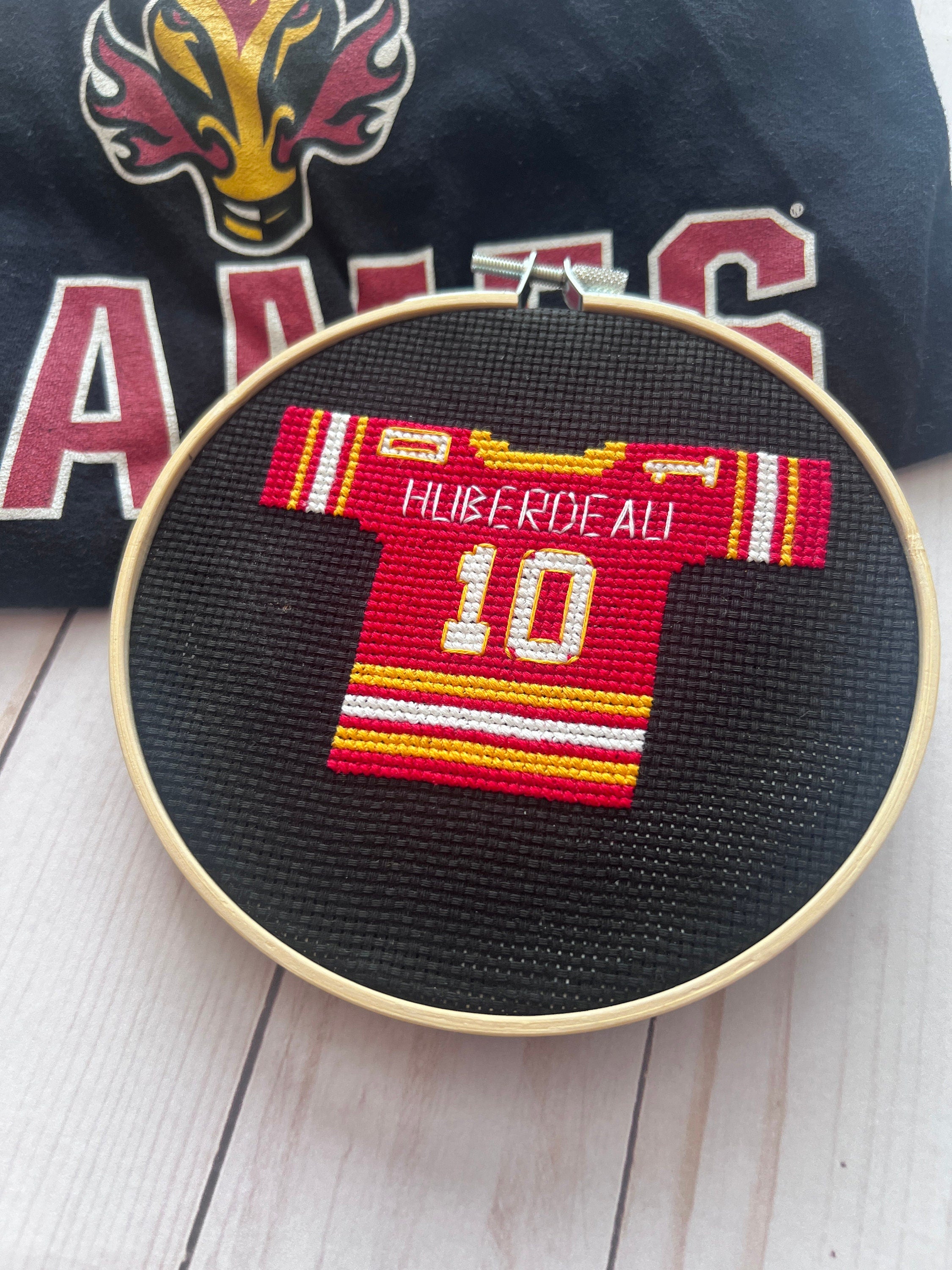 Calgary Flames Inspired Hockey Jersey Finished Cross Stitch