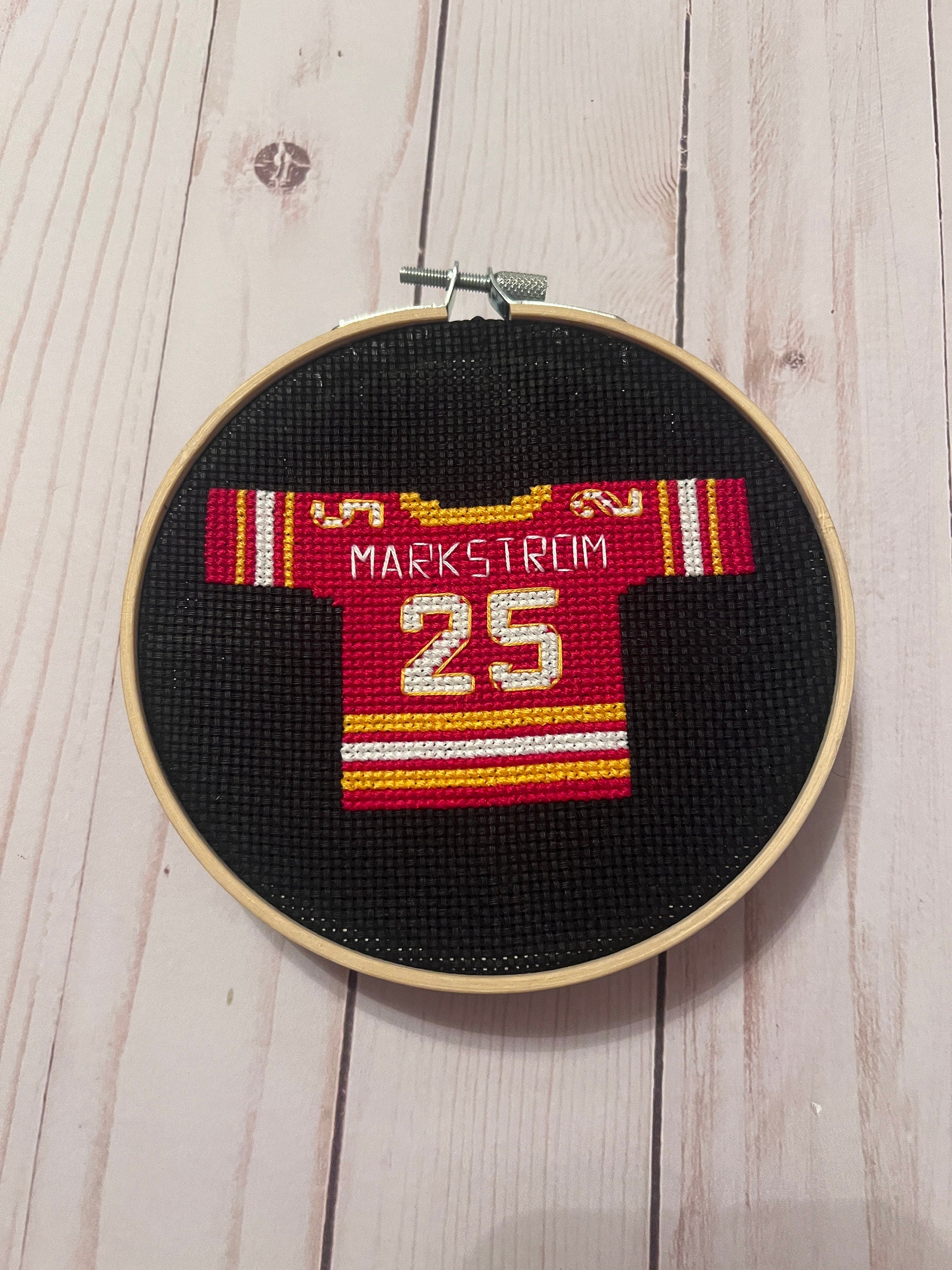 Calgary Flames Inspired Hockey Jersey Finished Cross Stitch
