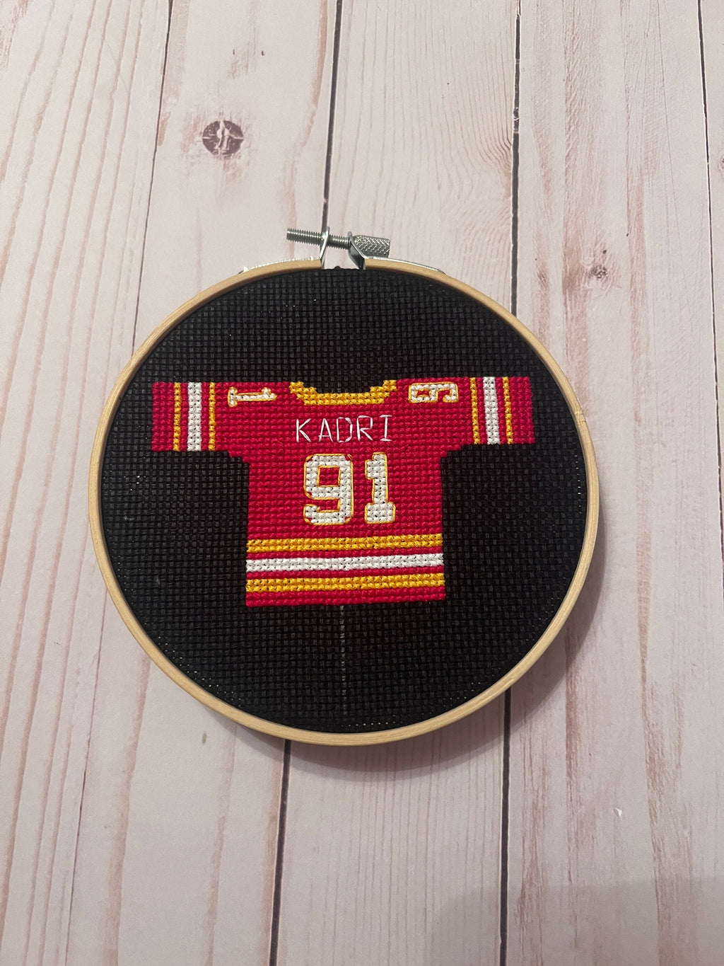 Calgary Flames Inspired Hockey Jersey Finished Cross Stitch