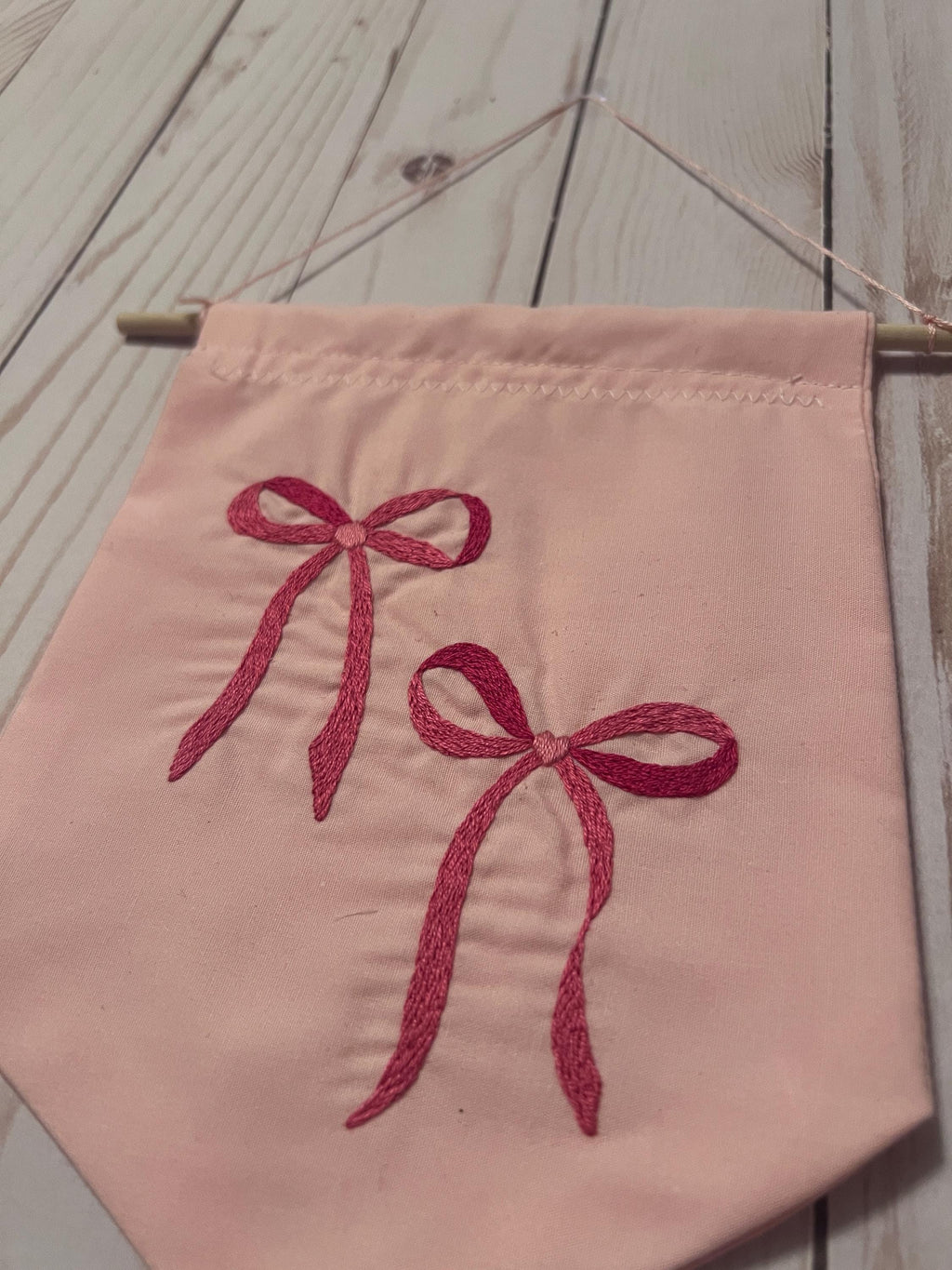 Coquette Pink Heart Bow Embroidered Wall Hanging