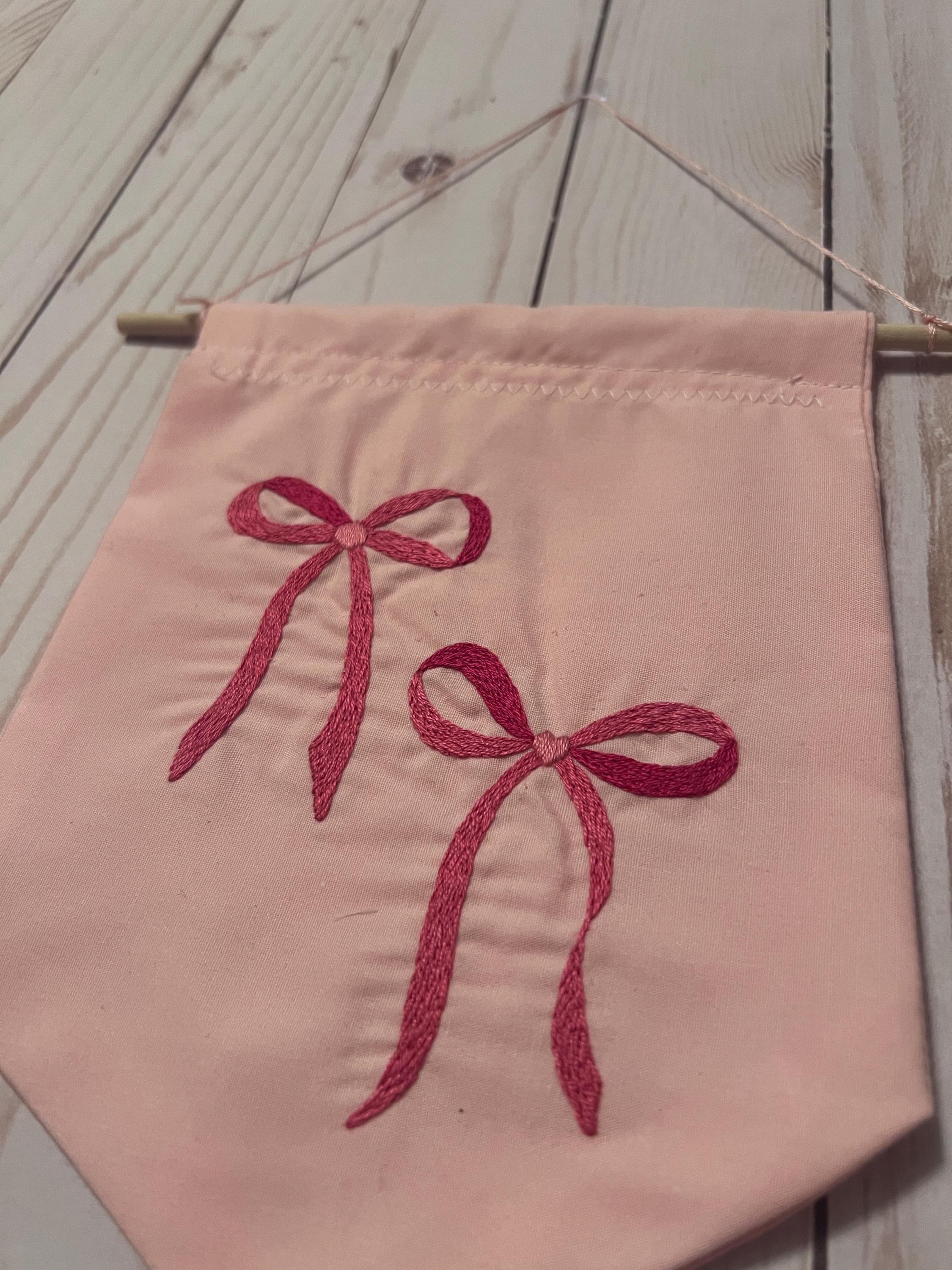 Coquette Pink Heart Bow Embroidered Wall Hanging