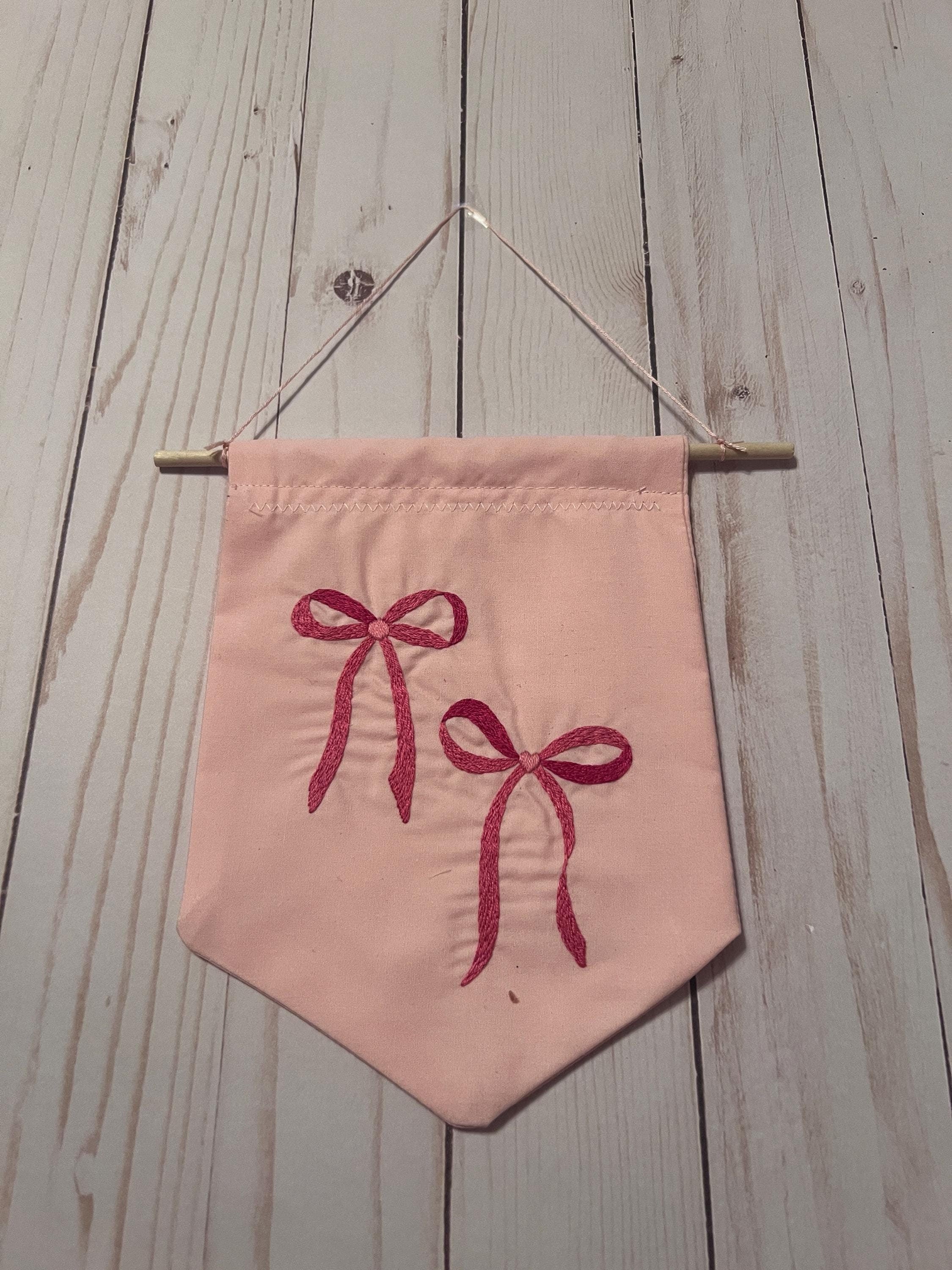 Coquette Pink Heart Bow Embroidered Wall Hanging