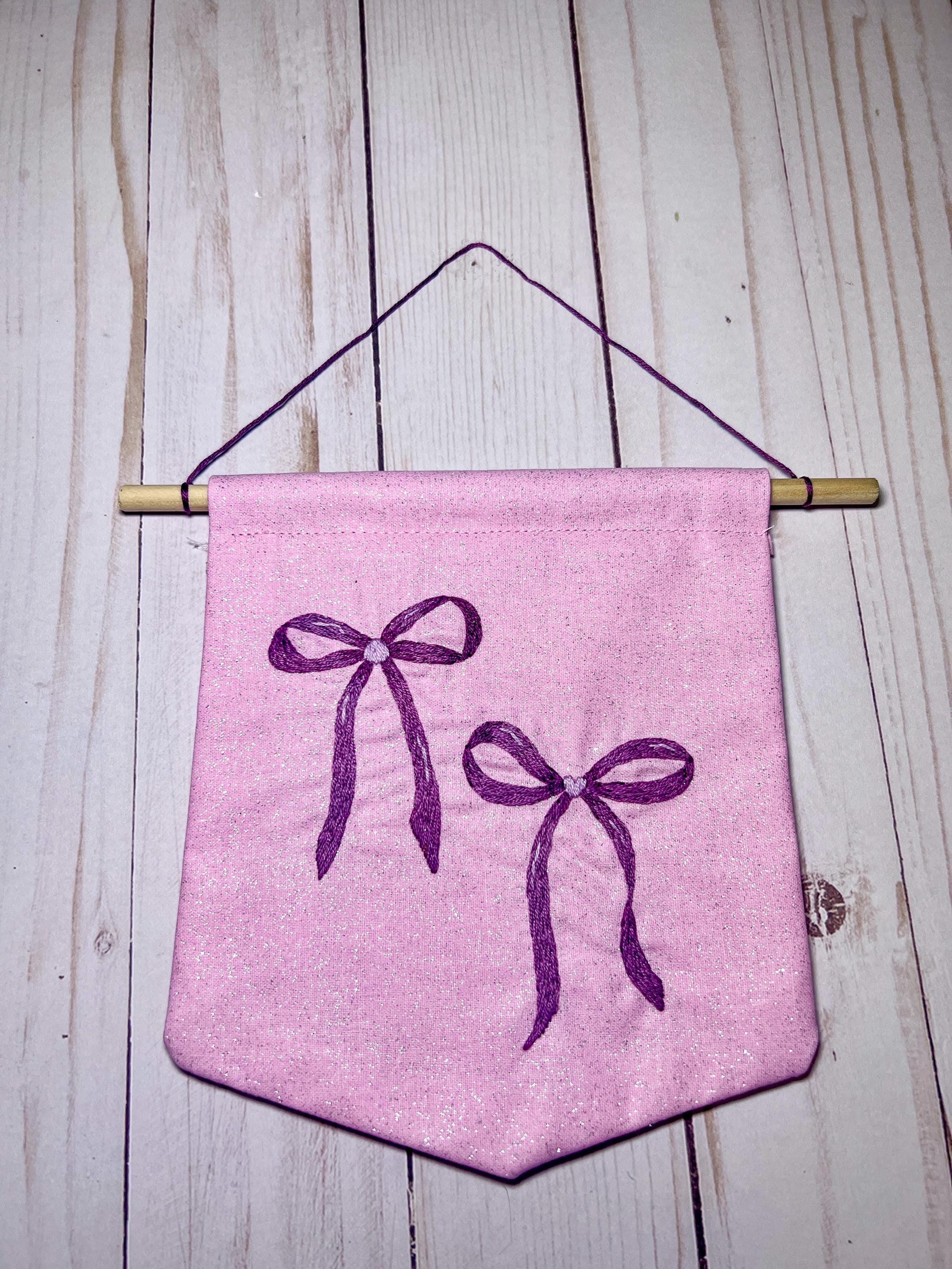 Coquette Purple Heart Bow Embroidered Wall Hanging