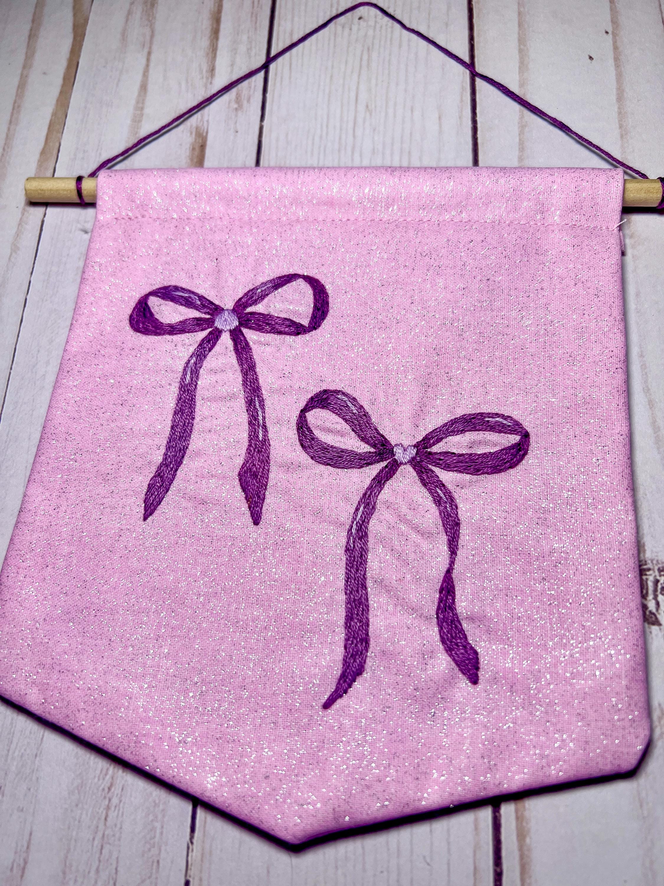 Coquette Purple Heart Bow Embroidered Wall Hanging