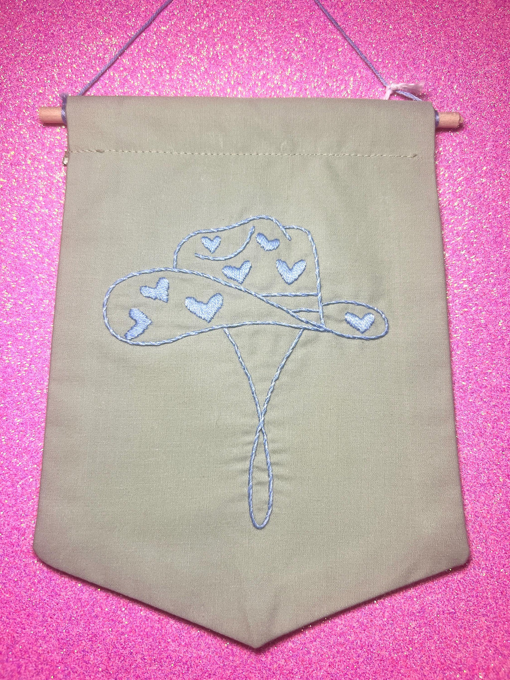Light Blue Heart Cowboy Hat Finished Embroidered Wall Hanging