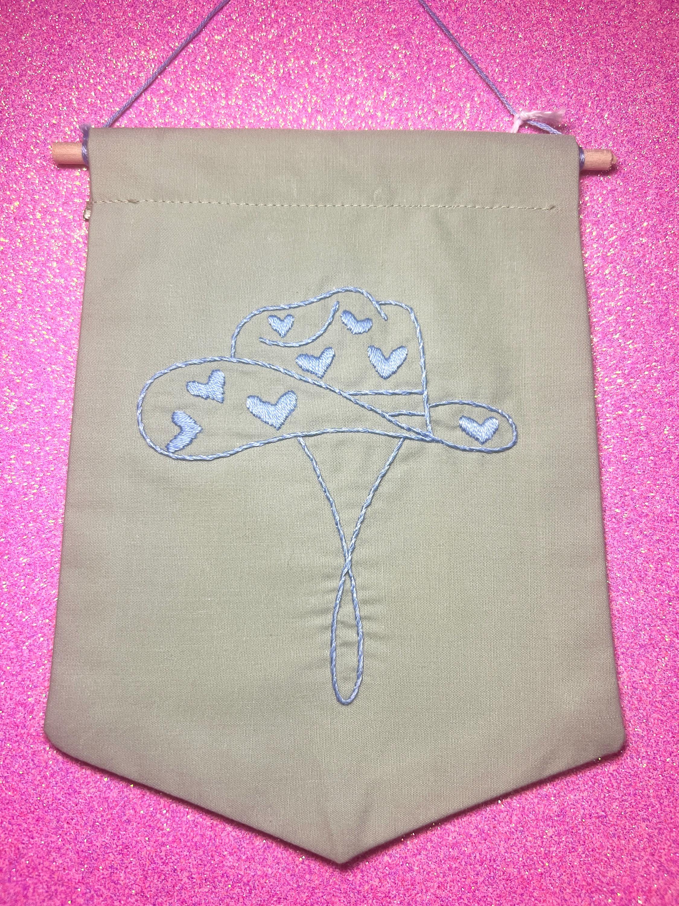 Light Blue Heart Cowboy Hat Finished Embroidered Wall Hanging