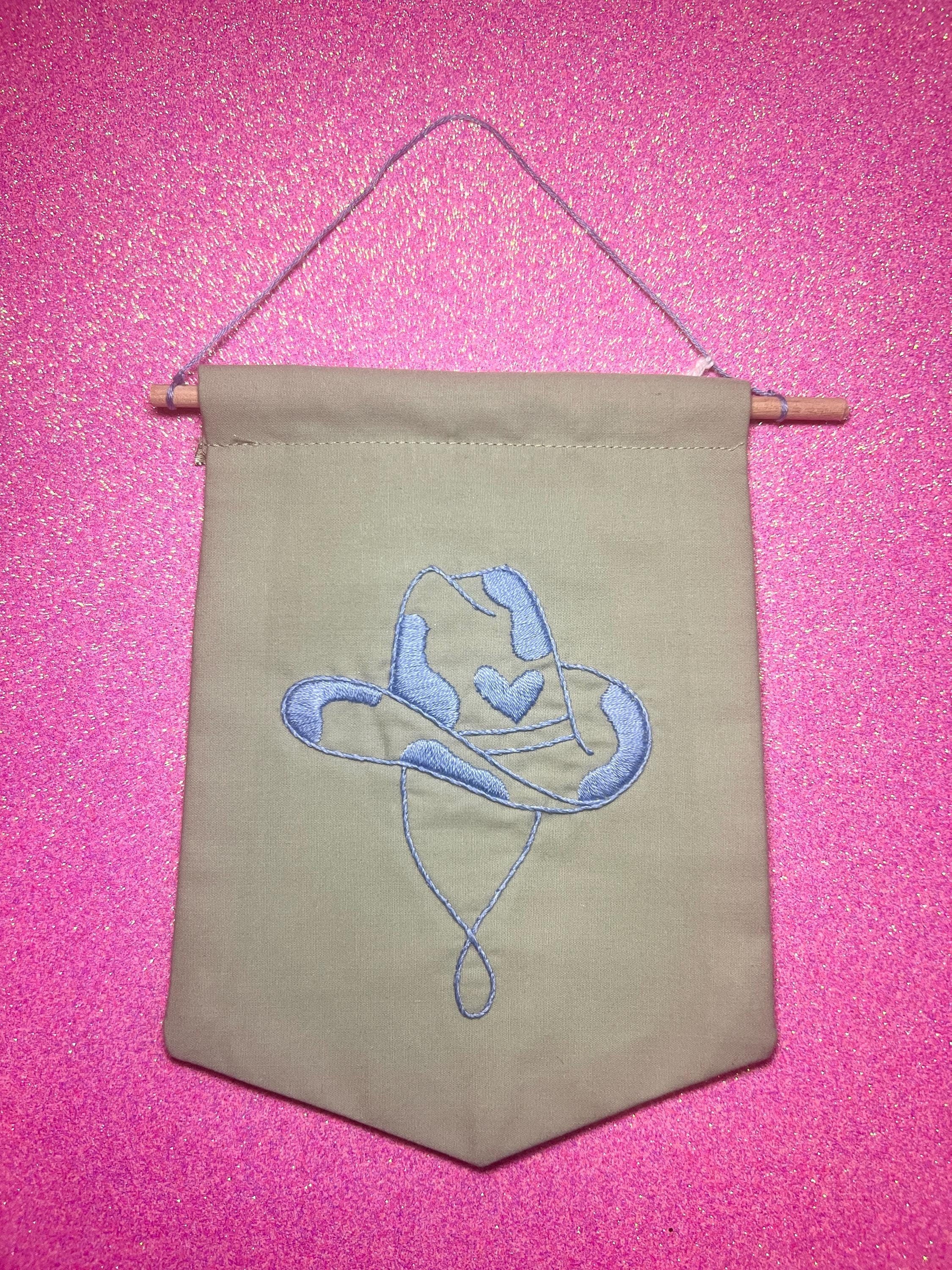 Light Blue Cow Cowboy Hat Finished Embroidered Wall Hanging