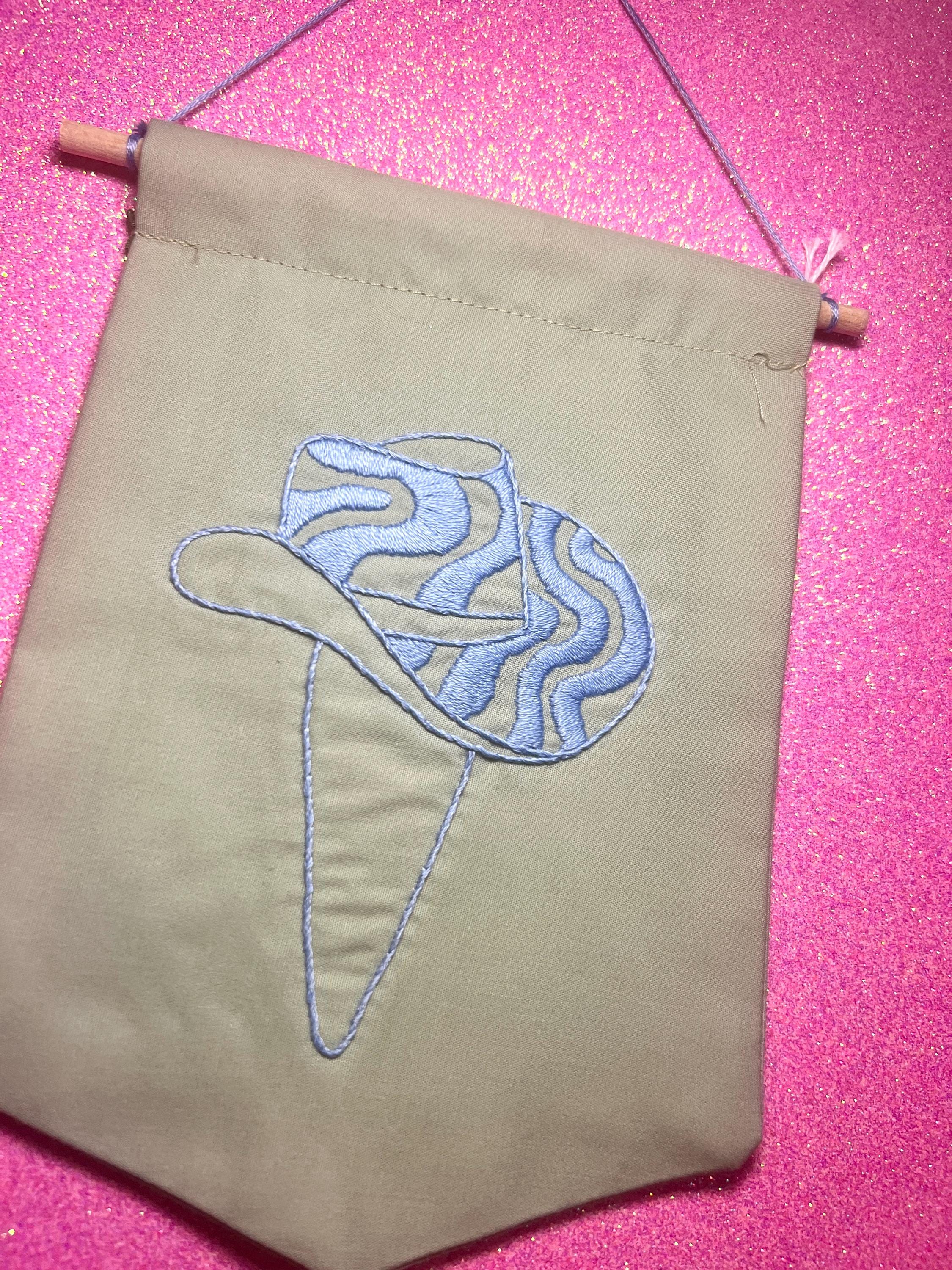 Light Blue Groovy Cowboy Hat Finished Embroidered Wall Hanging