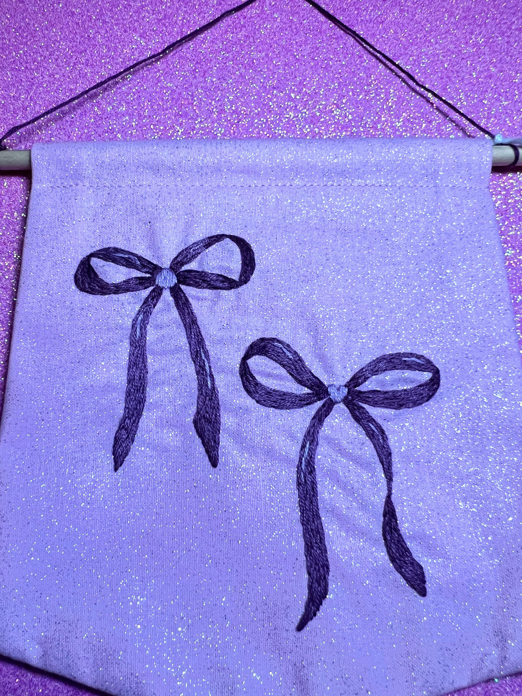 Coquette Purple Heart Bow Embroidered Wall Hanging