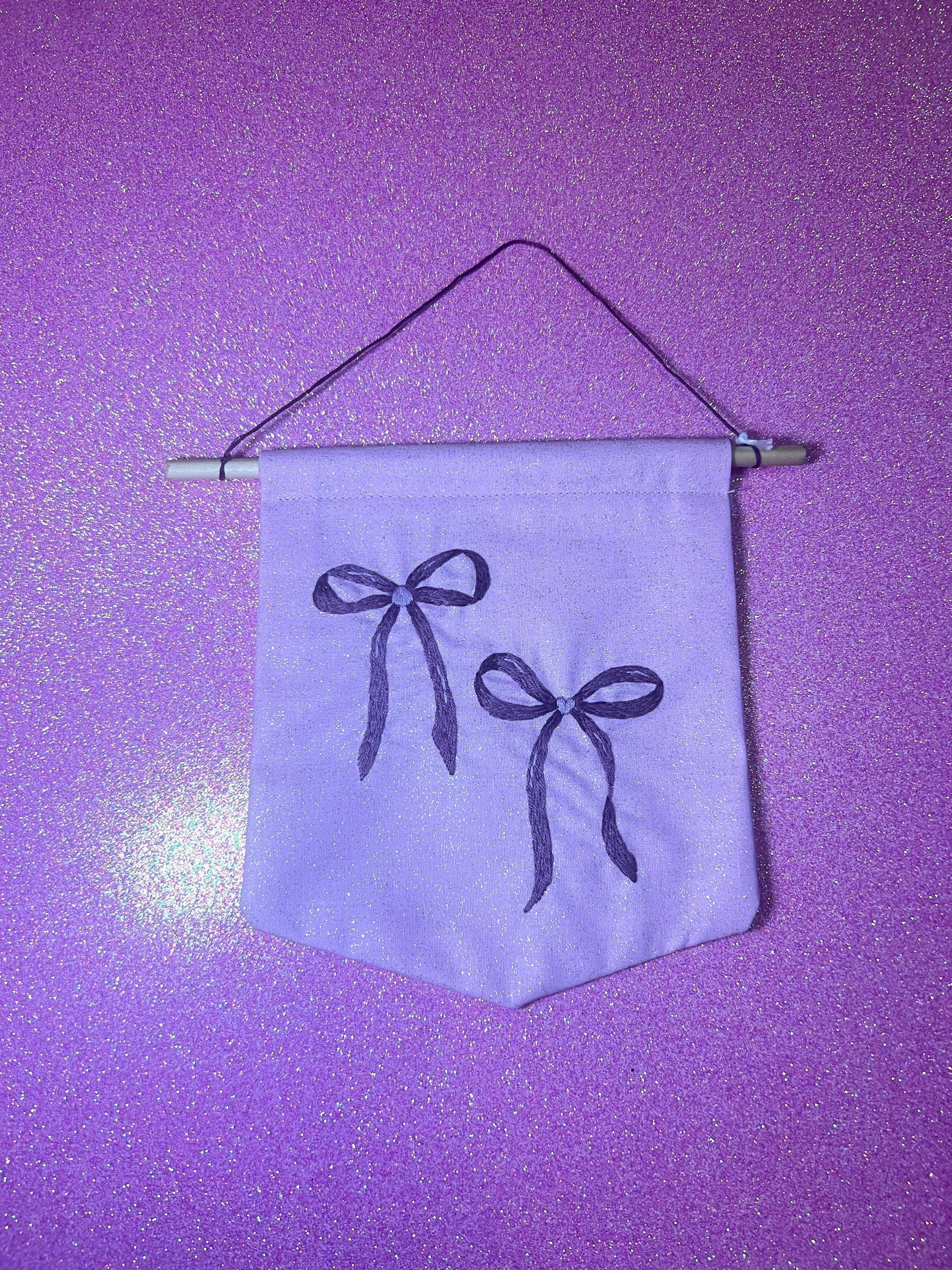 Coquette Purple Heart Bow Embroidered Wall Hanging