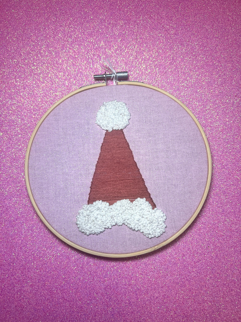 Santa Hat Finished Embroidery Hoop on Pink Fabric