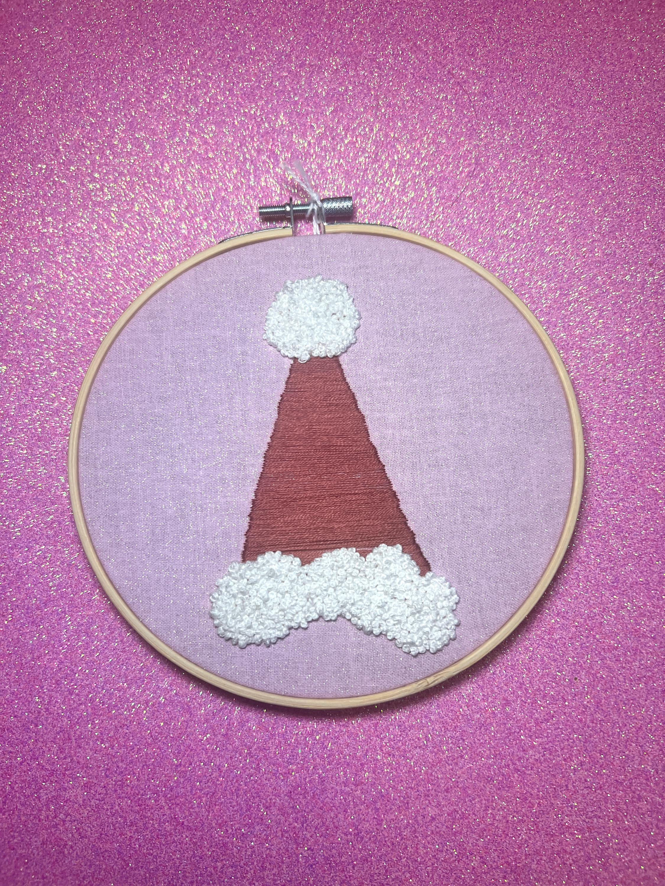 Santa Hat Finished Embroidery Hoop on Pink Fabric