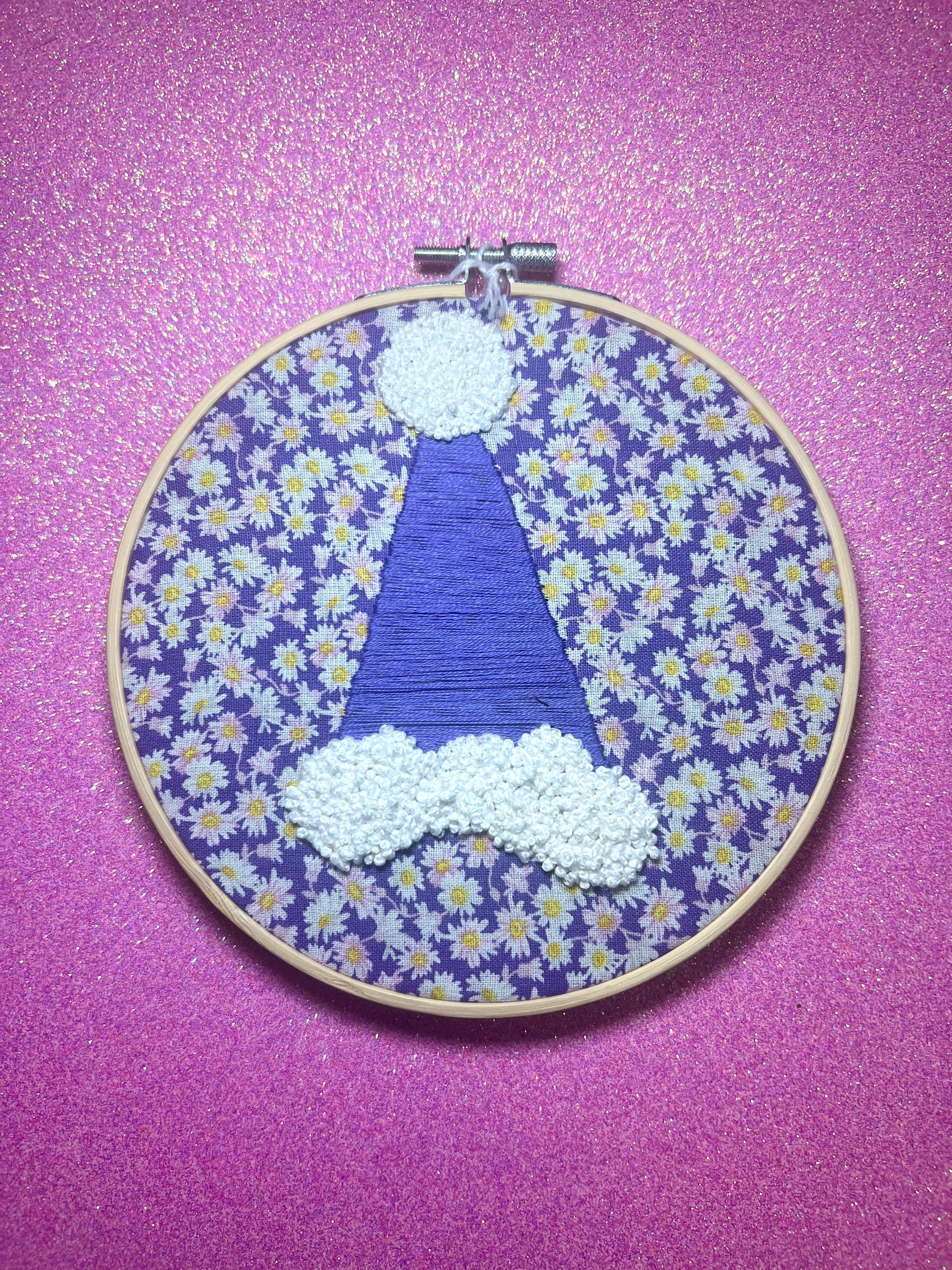 Santa Hat Finished Embroidery Hoop on Purple Floral Fabric