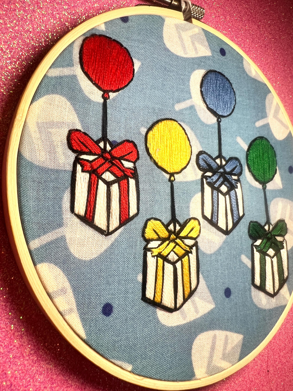 Animal Crossing Balloons Finished Embroidery Hoop