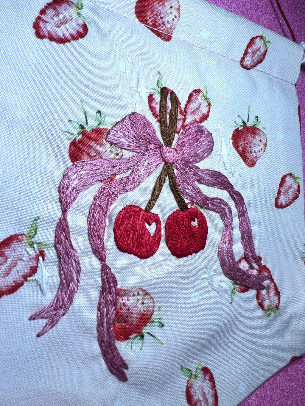Coquette Style Cherry Bow Embroidered Wall Hanging