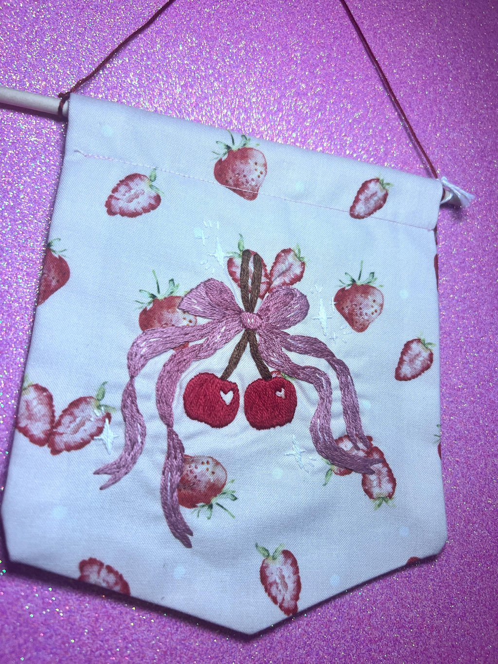 Coquette Style Cherry Bow Embroidered Wall Hanging