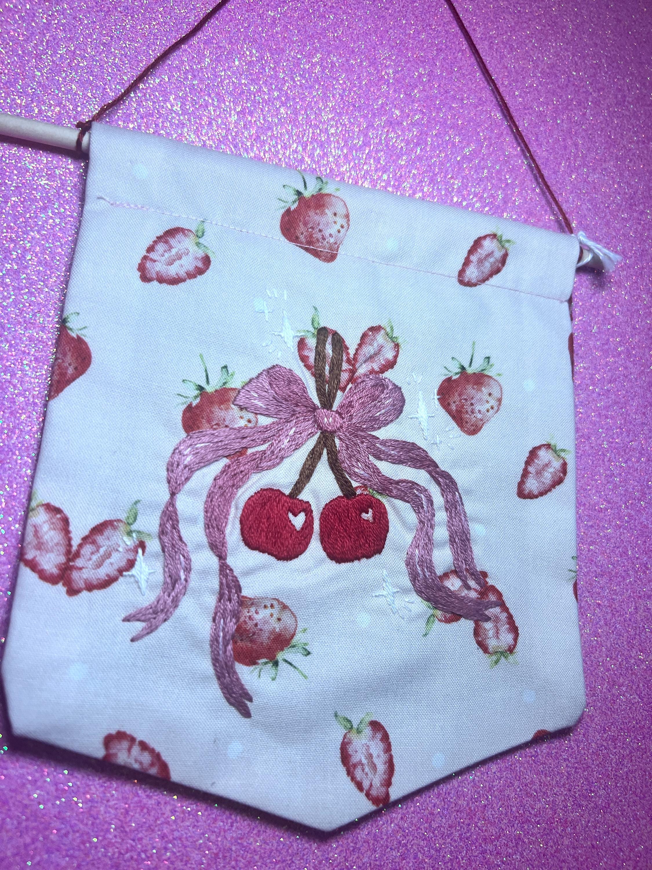 Coquette Style Cherry Bow Embroidered Wall Hanging