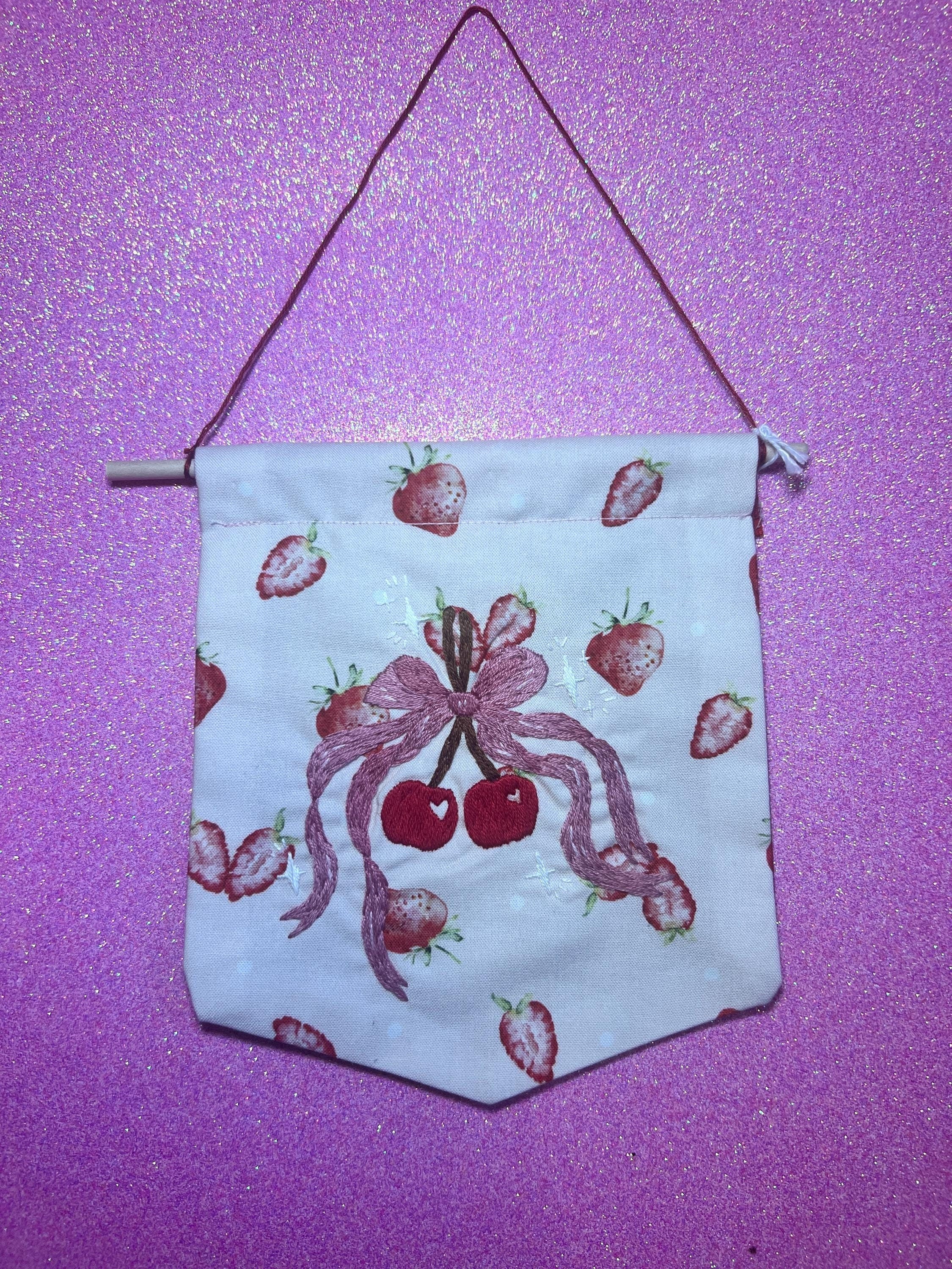 Coquette Style Cherry Bow Embroidered Wall Hanging