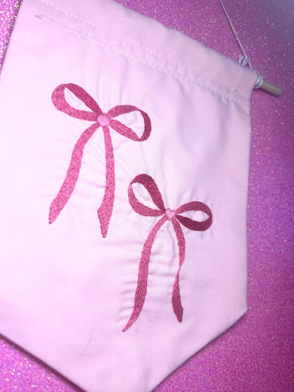 Coquette Pink Heart Bow Embroidered Wall Hanging