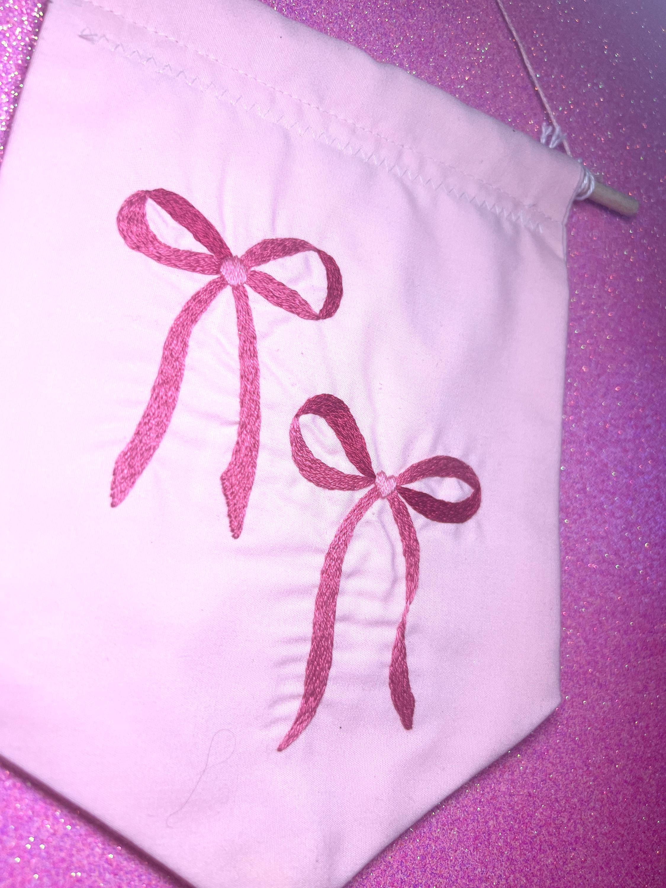 Coquette Pink Heart Bow Embroidered Wall Hanging