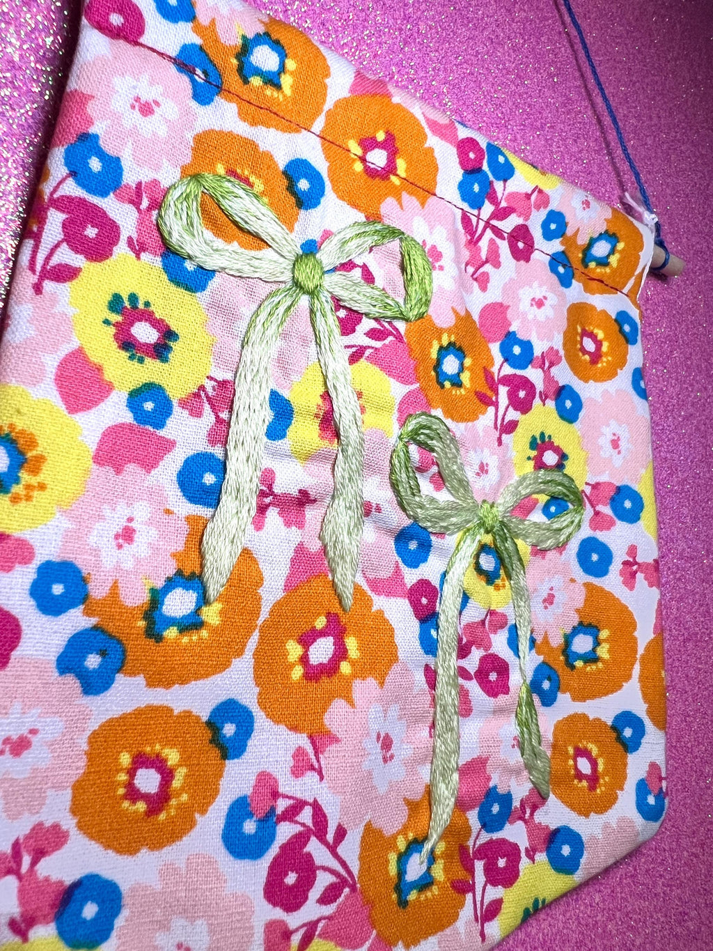 Floral Lime Green Bow Embroidered Wall Hanging