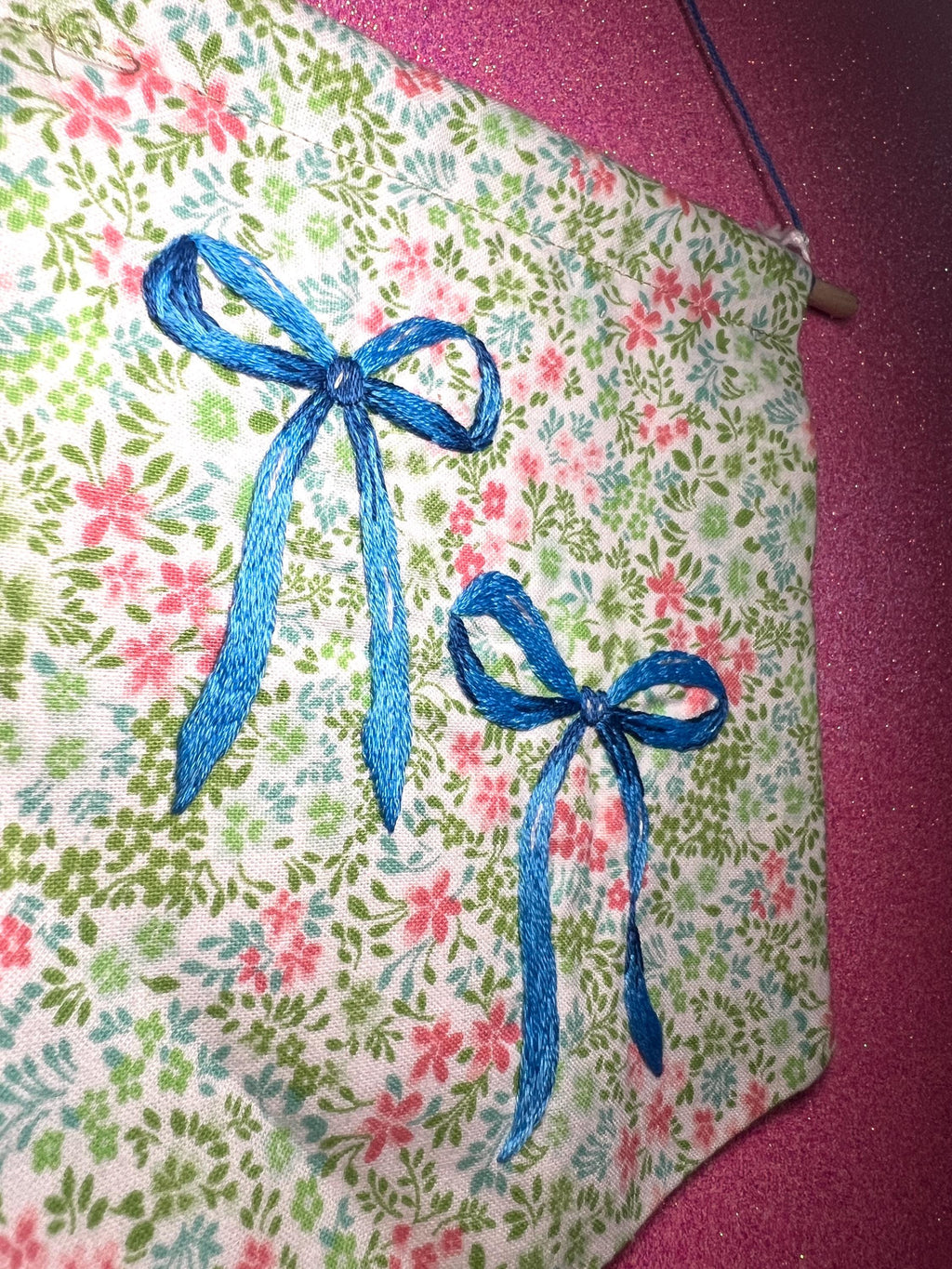 Floral Blue Bow Embroidered Wall Hanging