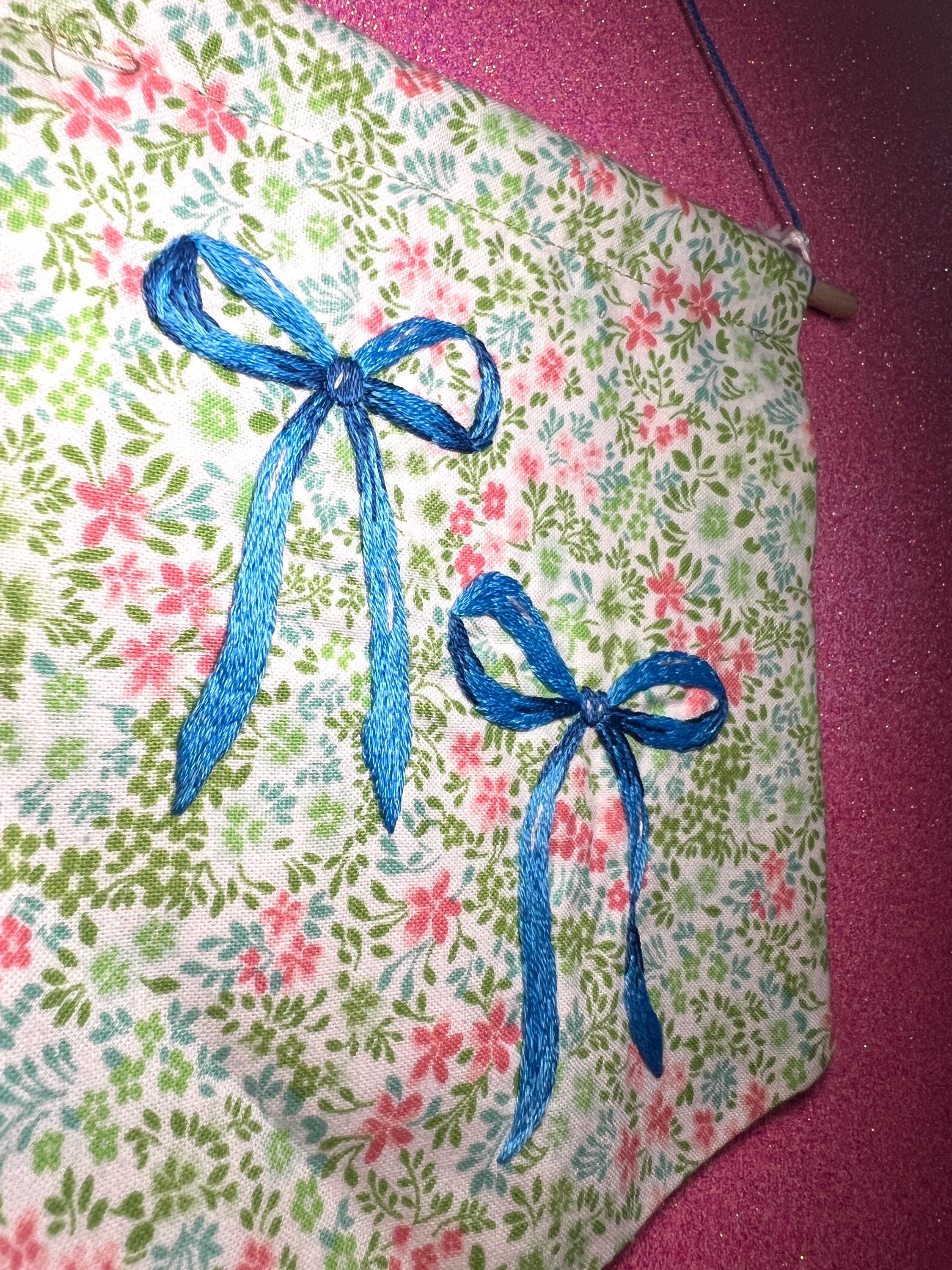 Floral Blue Bow Embroidered Wall Hanging