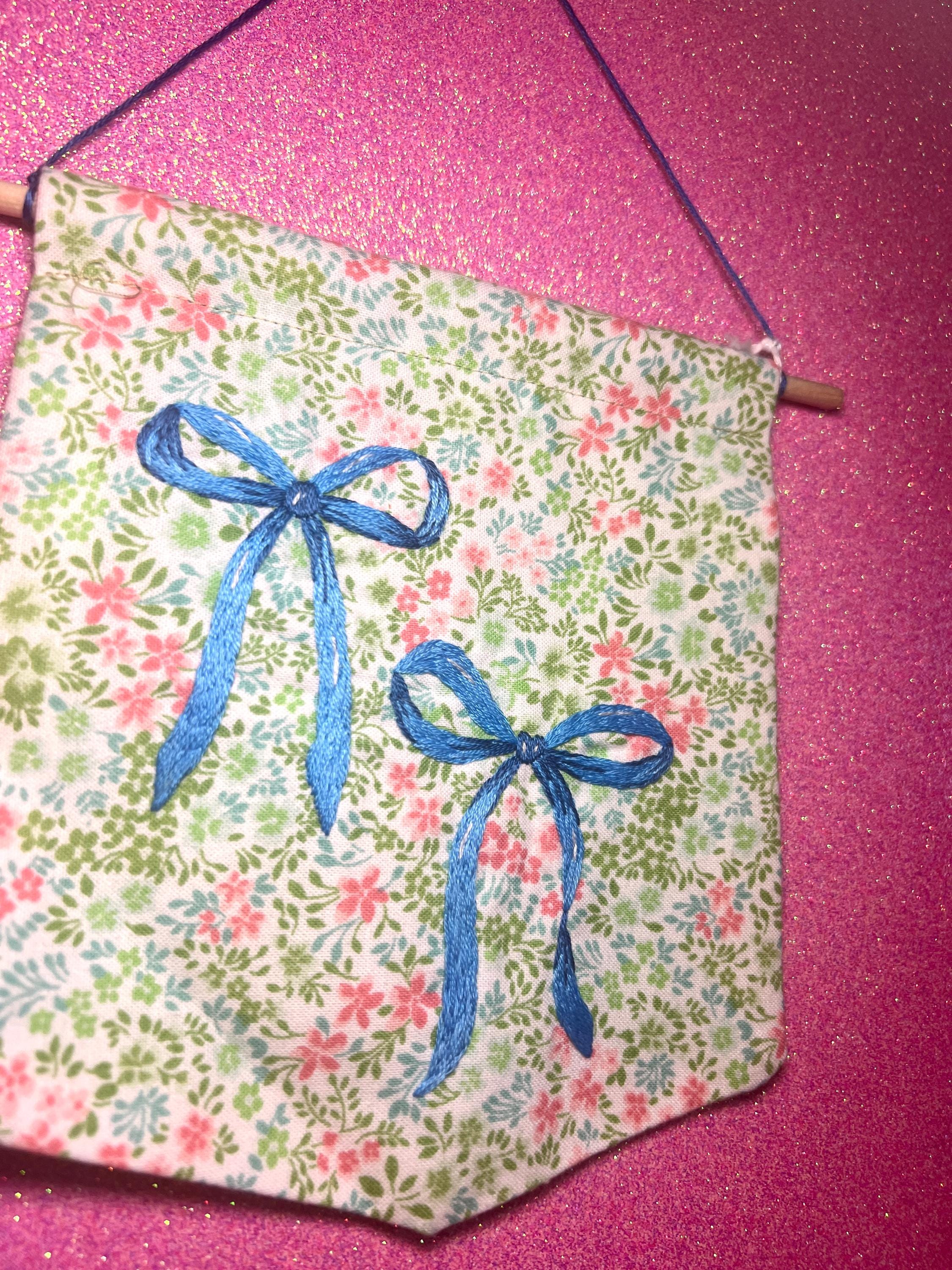 Floral Blue Bow Embroidered Wall Hanging