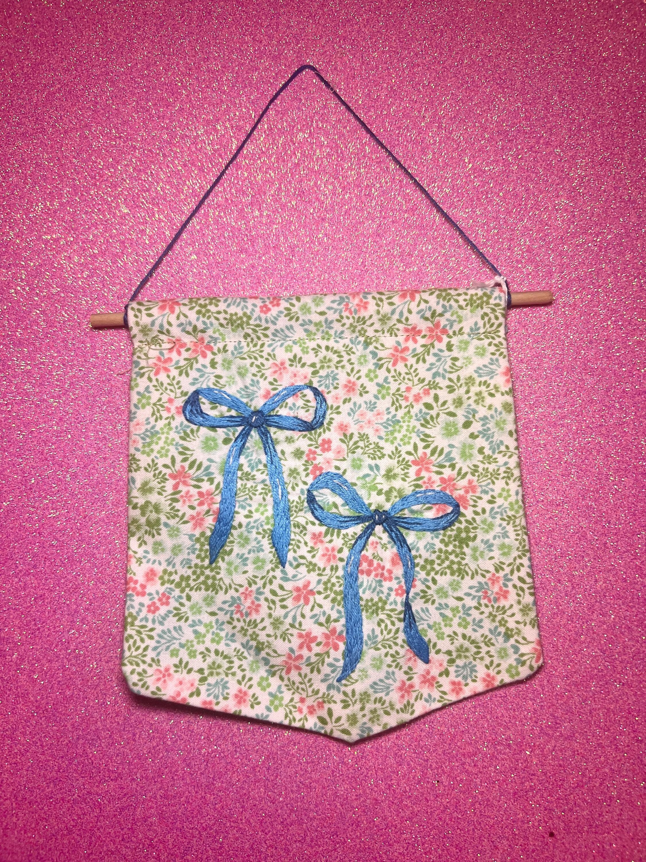 Floral Blue Bow Embroidered Wall Hanging