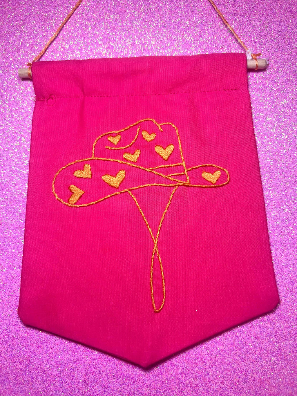 Neon Pink and Orange Heart Cowboy Hat Finished Embroidered Wall Hanging