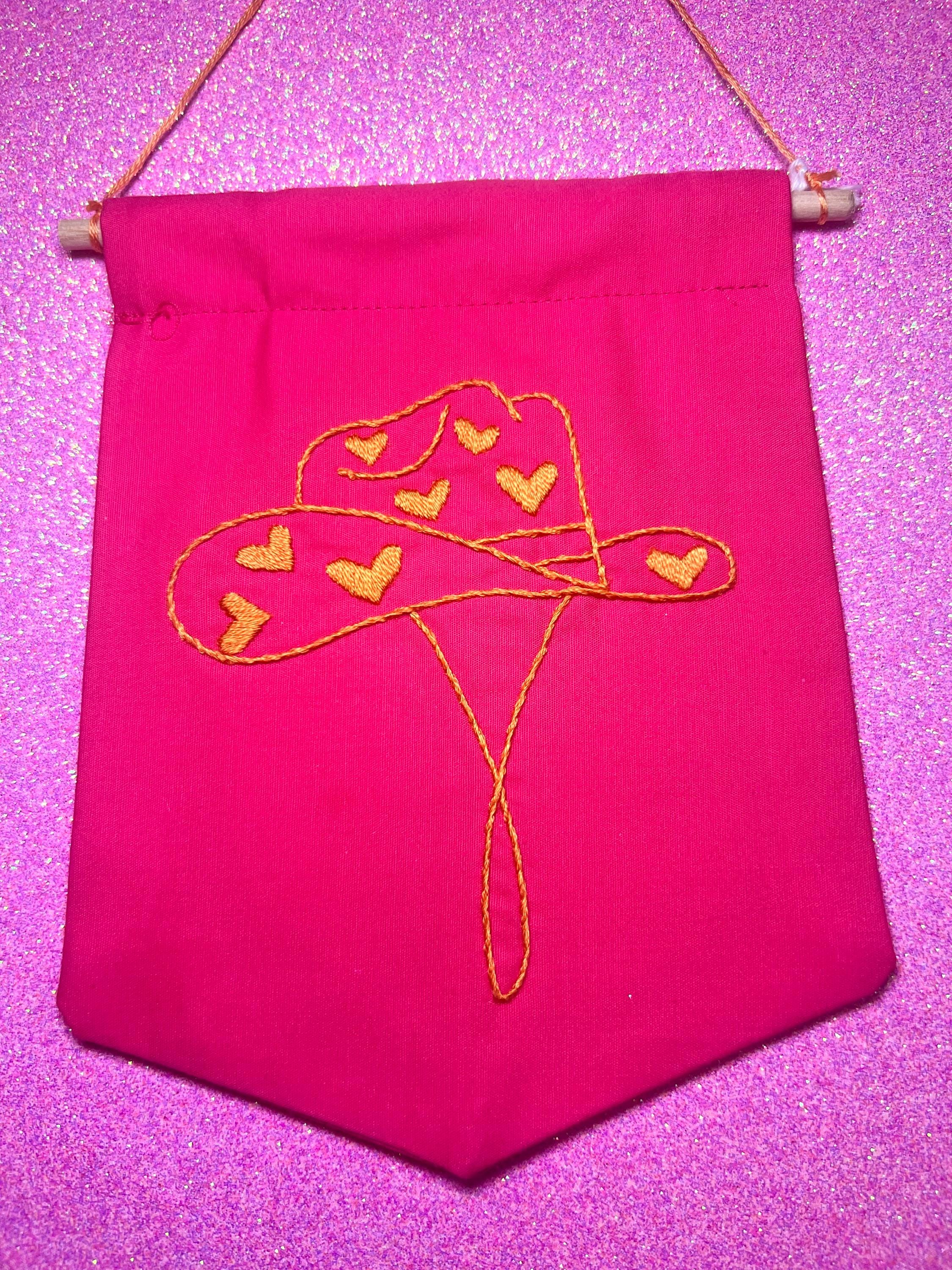 Neon Pink and Orange Heart Cowboy Hat Finished Embroidered Wall Hanging