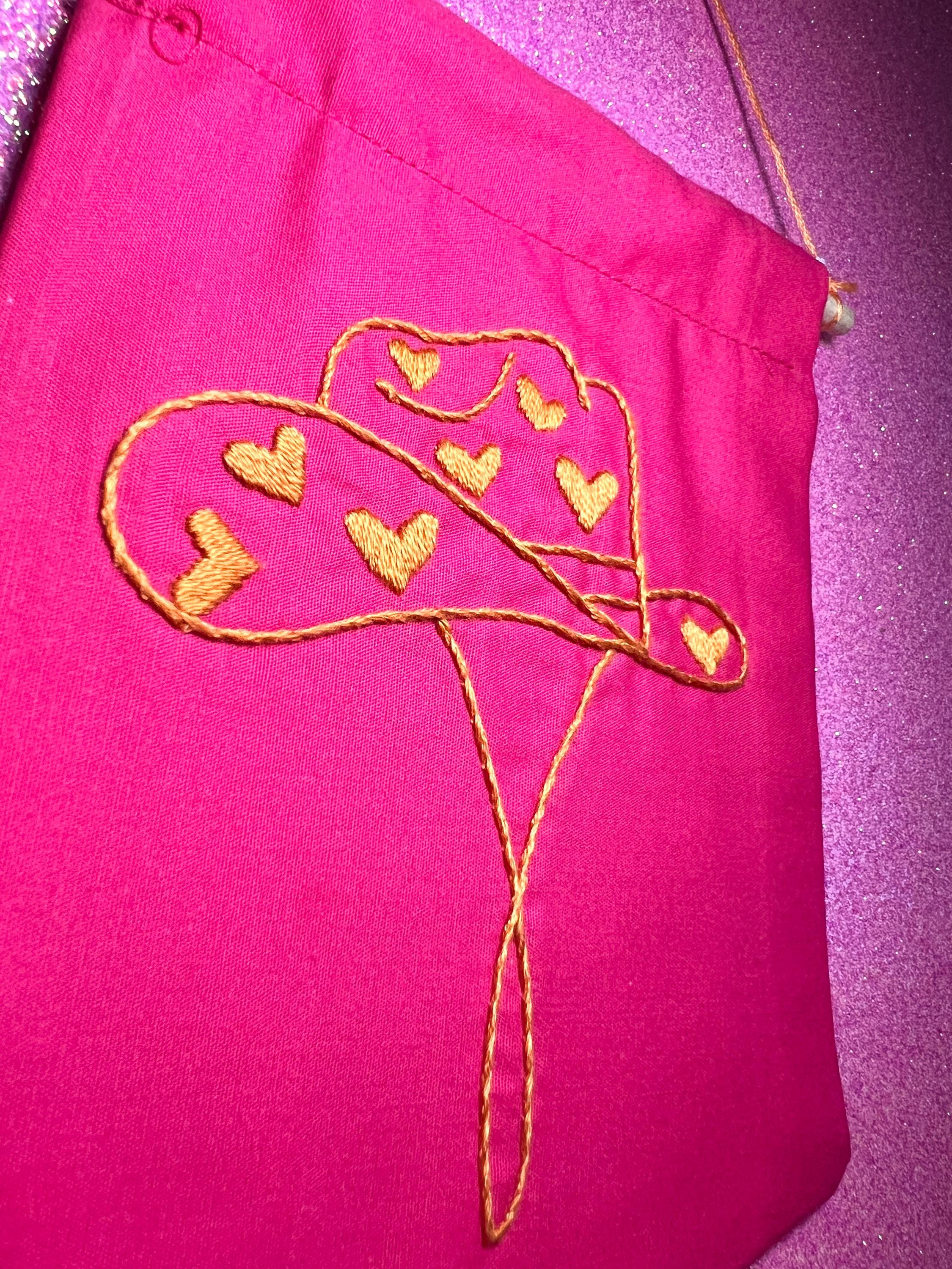 Neon Pink and Orange Heart Cowboy Hat Finished Embroidered Wall Hanging