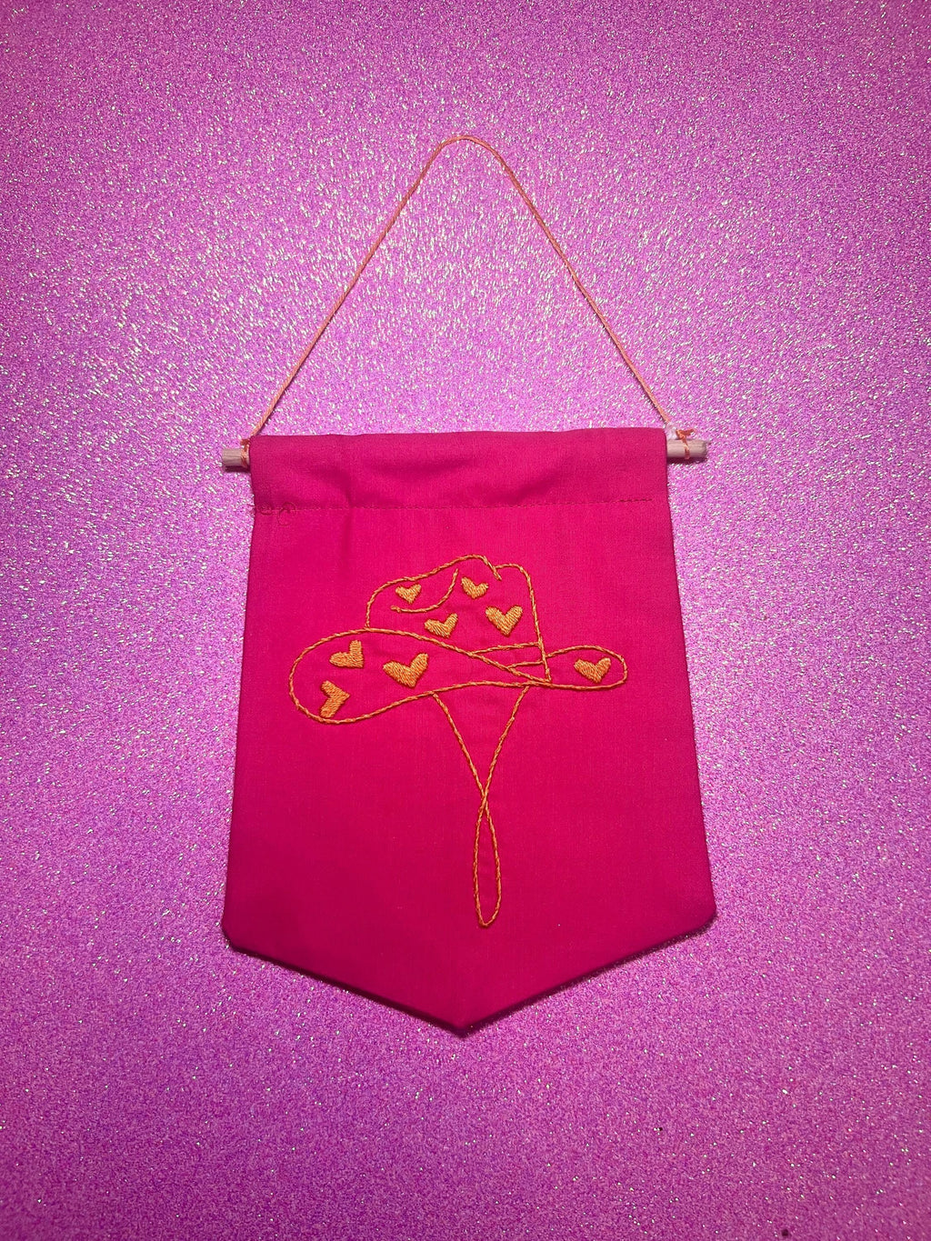 Neon Pink and Orange Heart Cowboy Hat Finished Embroidered Wall Hanging