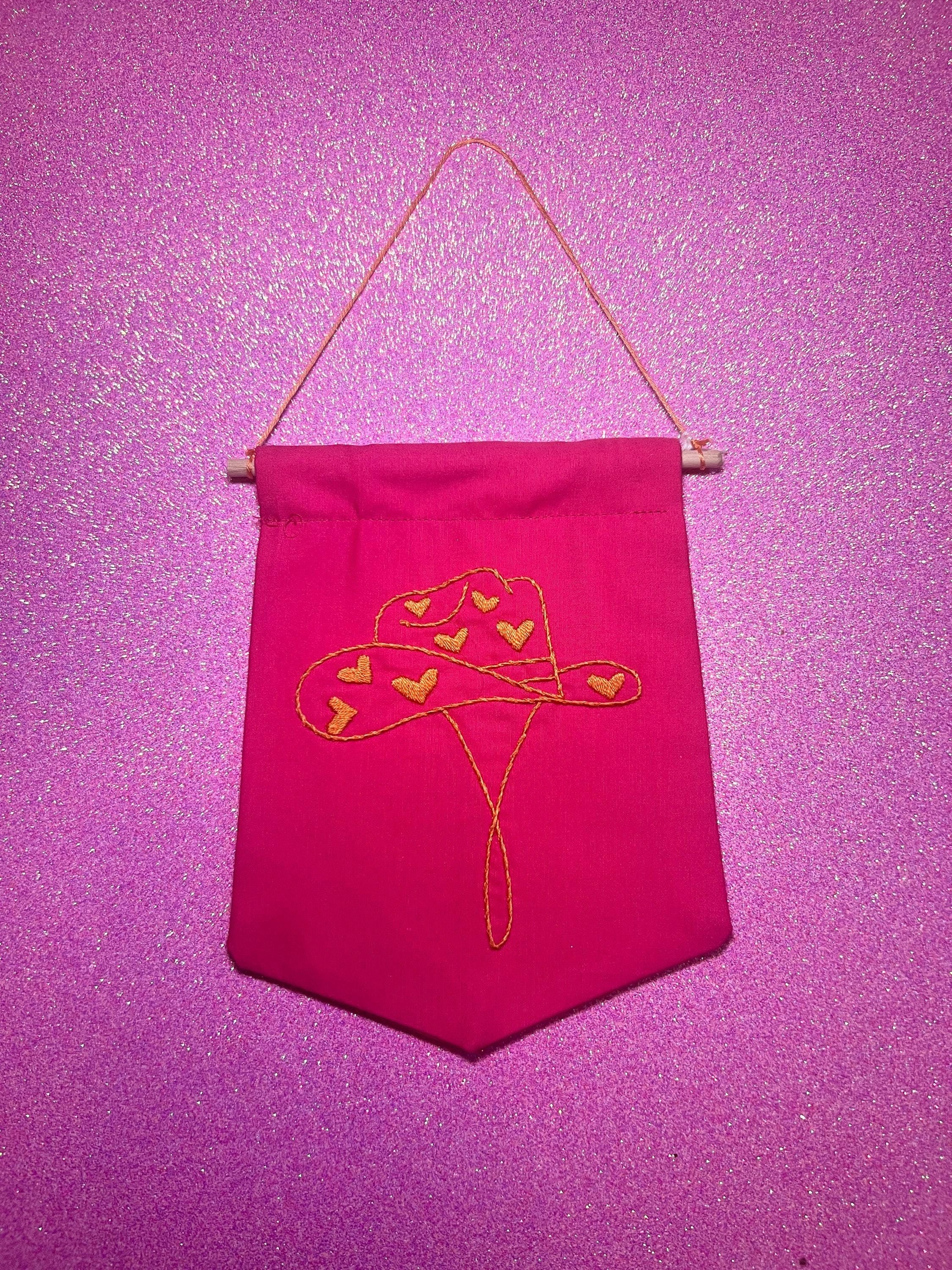 Neon Pink and Orange Heart Cowboy Hat Finished Embroidered Wall Hanging