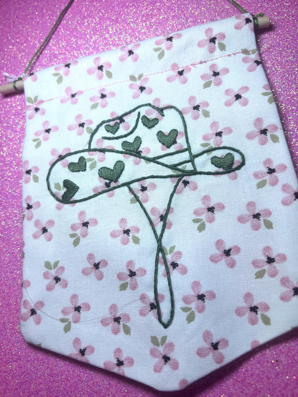Pink Floral and Green Heart Cowboy Hat Finished Embroidered Wall Hanging