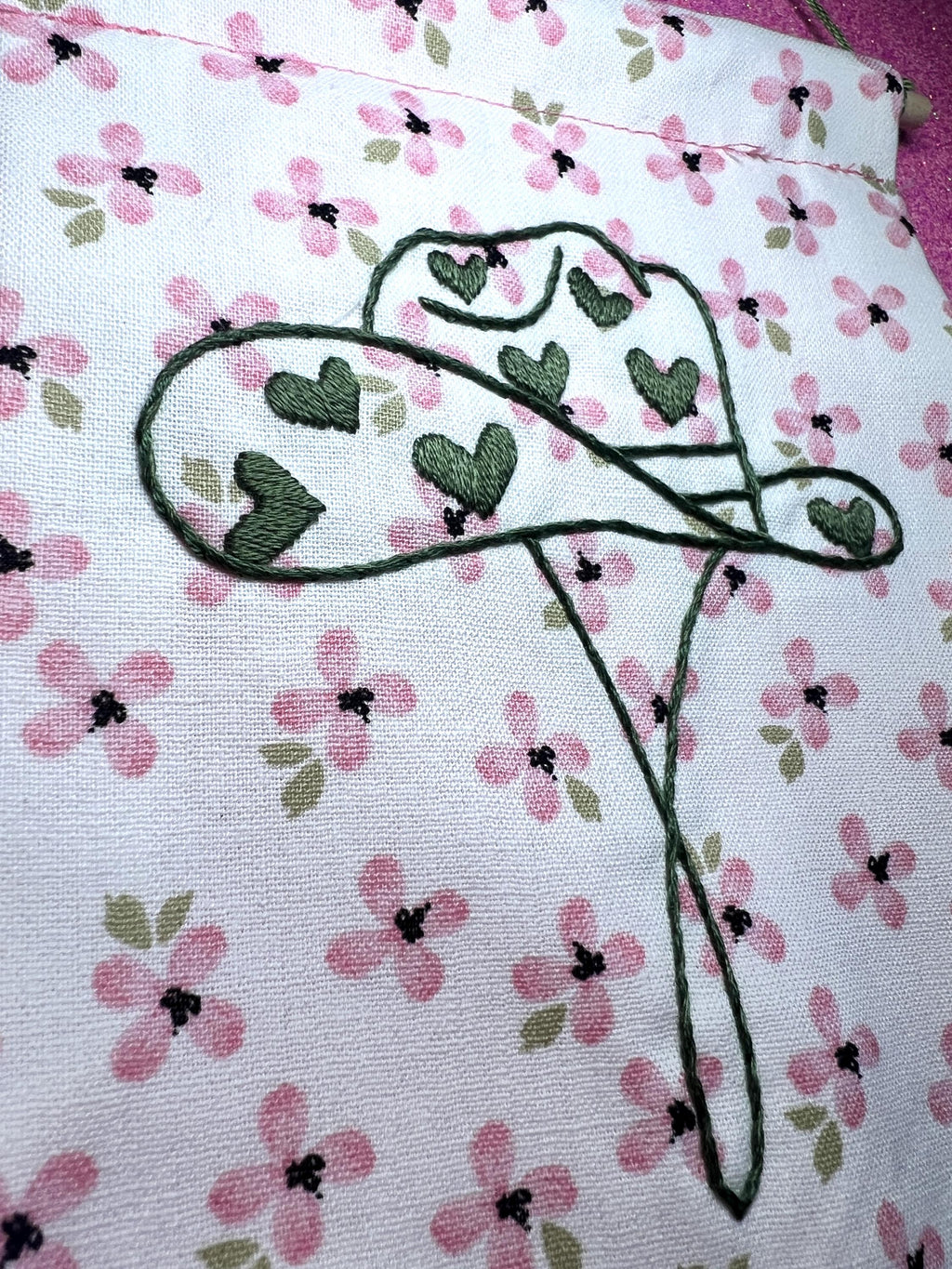 Pink Floral and Green Heart Cowboy Hat Finished Embroidered Wall Hanging