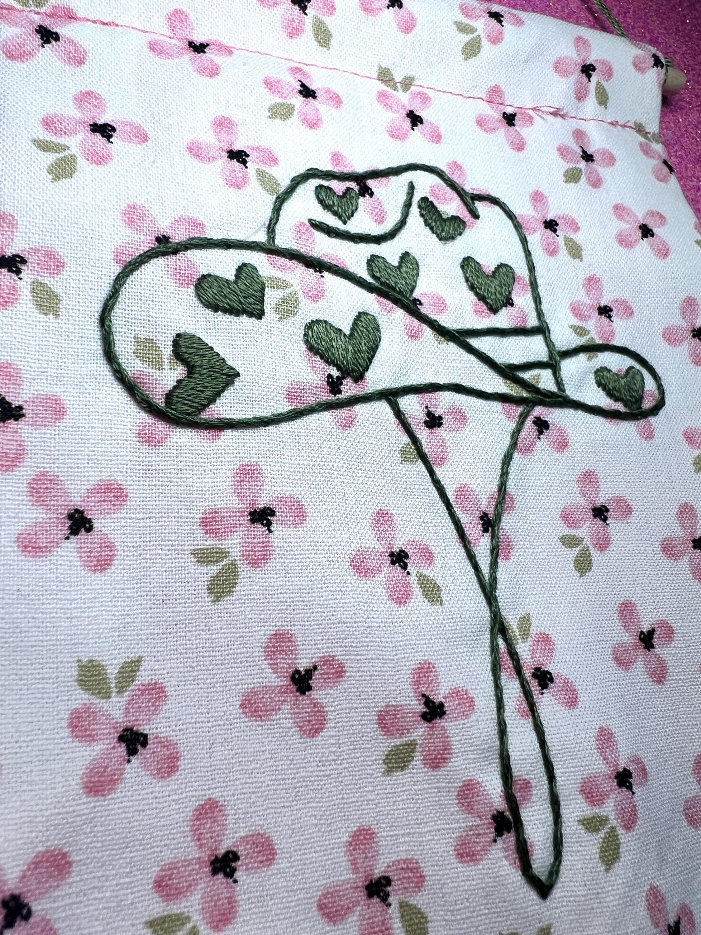 Pink Floral and Green Heart Cowboy Hat Finished Embroidered Wall Hanging