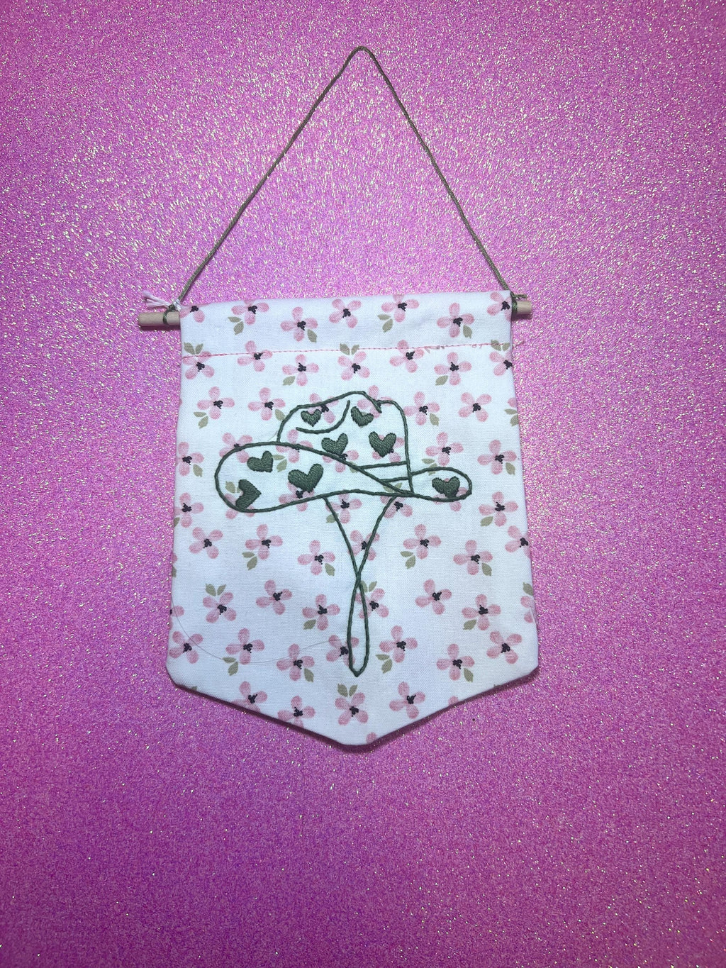 Pink Floral and Green Heart Cowboy Hat Finished Embroidered Wall Hanging
