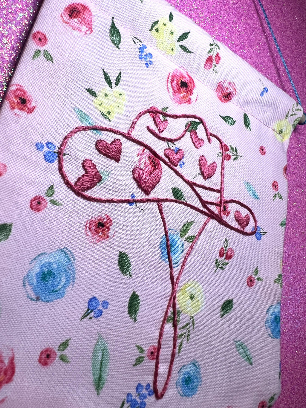 Pink Floral Heart Cowboy Hat Finished Embroidered Wall Hanging