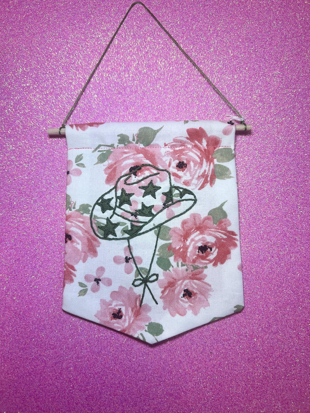 Green Floral Star Cowboy Hat Finished Embroidered Wall Hanging