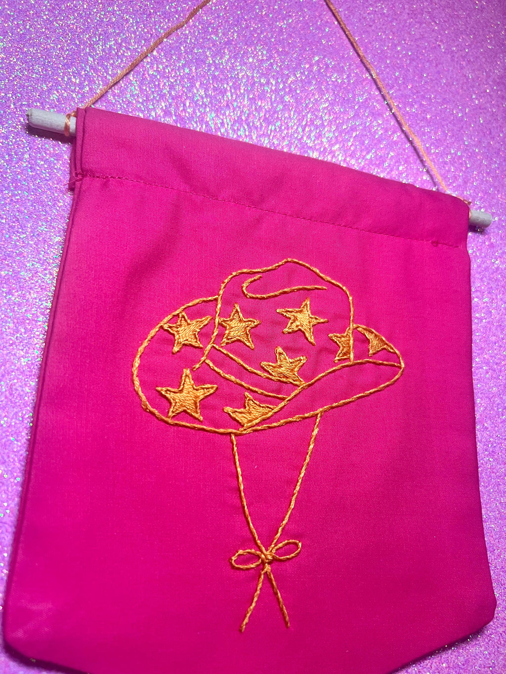 Neon Pink and Orange Star Cowboy Hat Finished Embroidered Wall Hanging