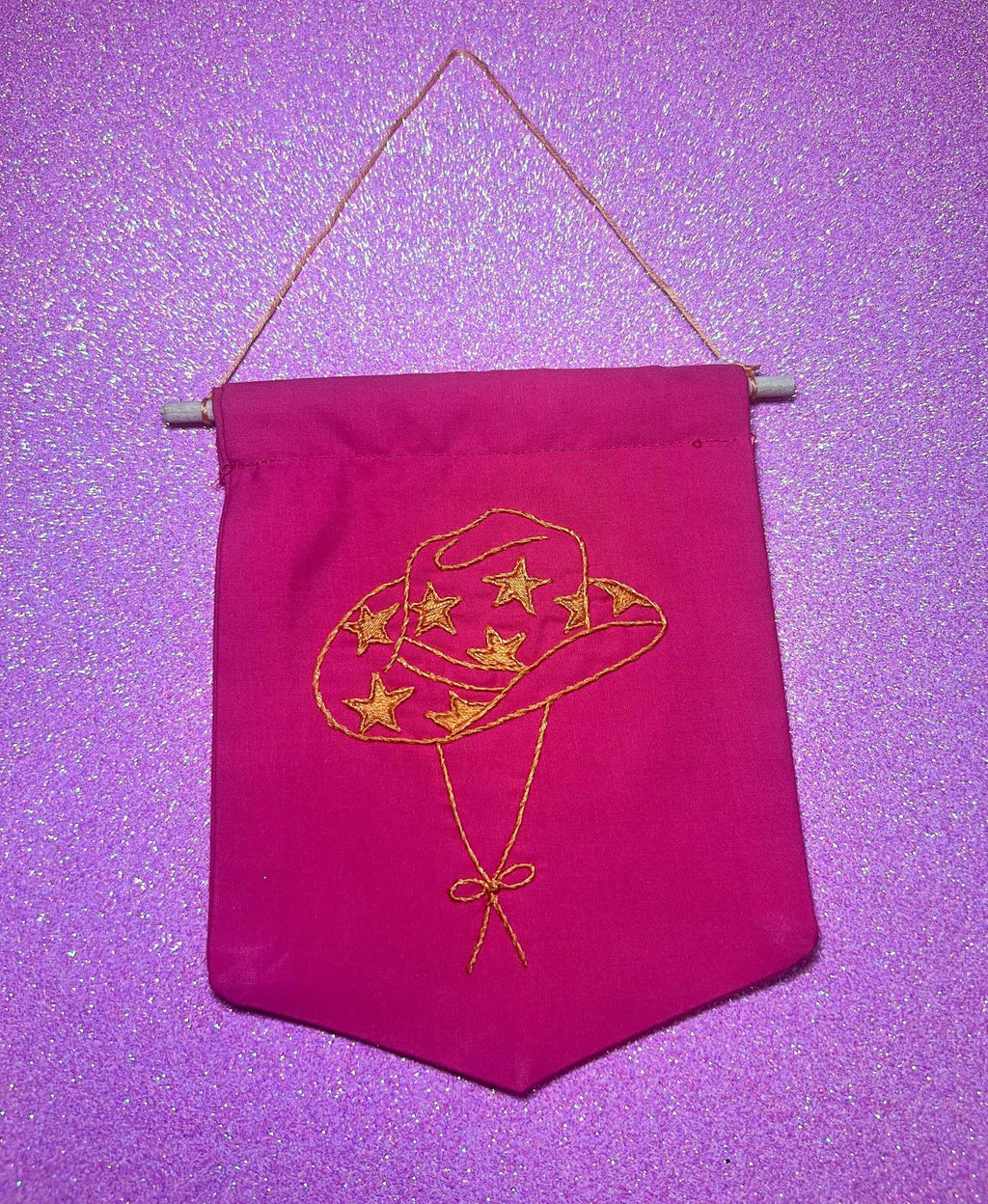 Neon Pink and Orange Star Cowboy Hat Finished Embroidered Wall Hanging