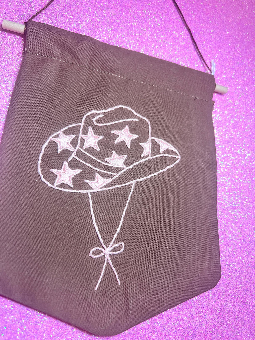 Brown and Pink Star Cowboy Hat Finished Embroidered Wall Hanging