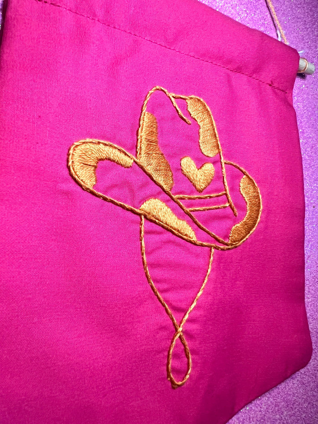 Neon Pink and Orange Cow Cowboy Hat Finished Embroidered Wall Hanging