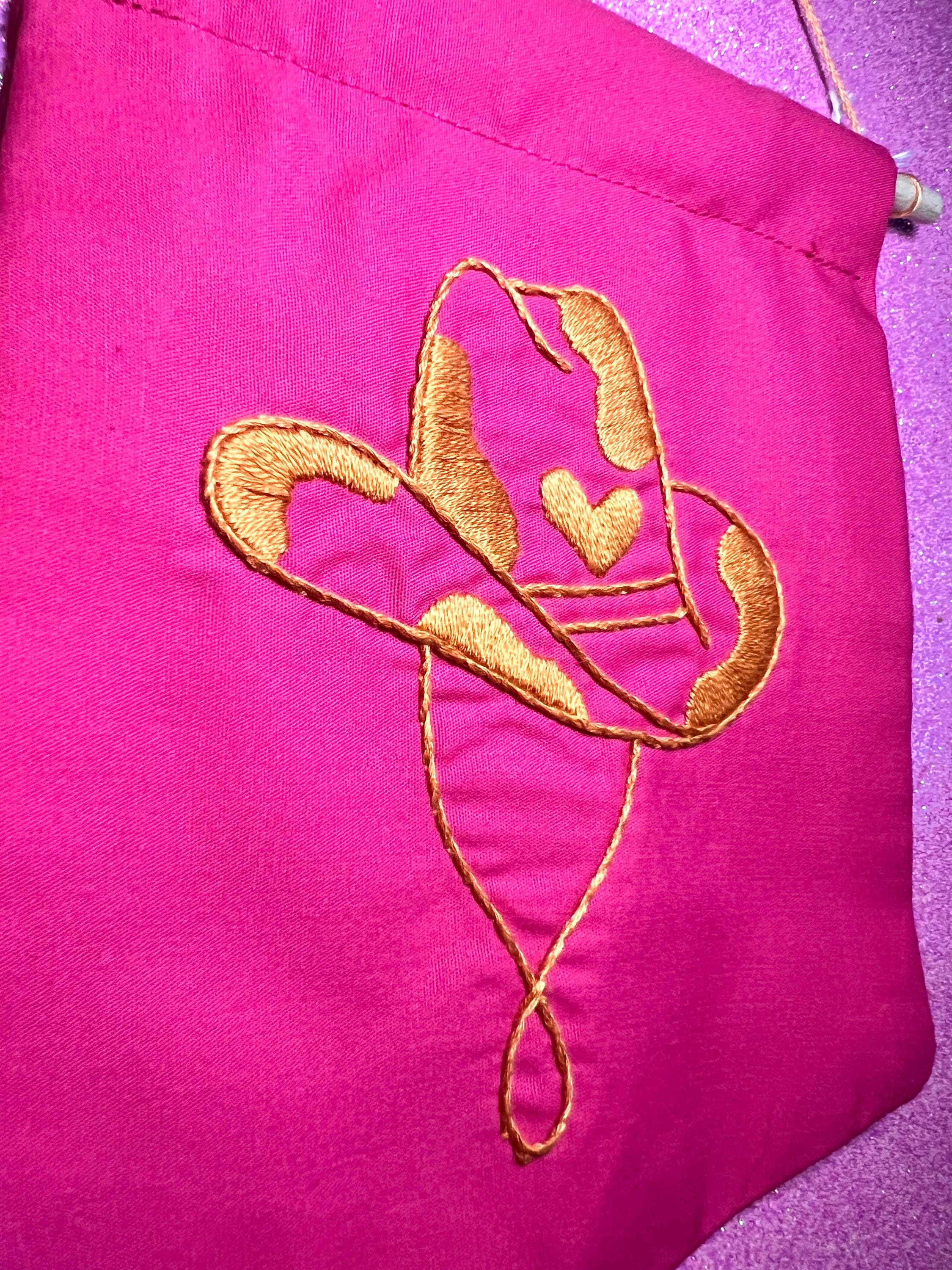 Neon Pink and Orange Cow Cowboy Hat Finished Embroidered Wall Hanging